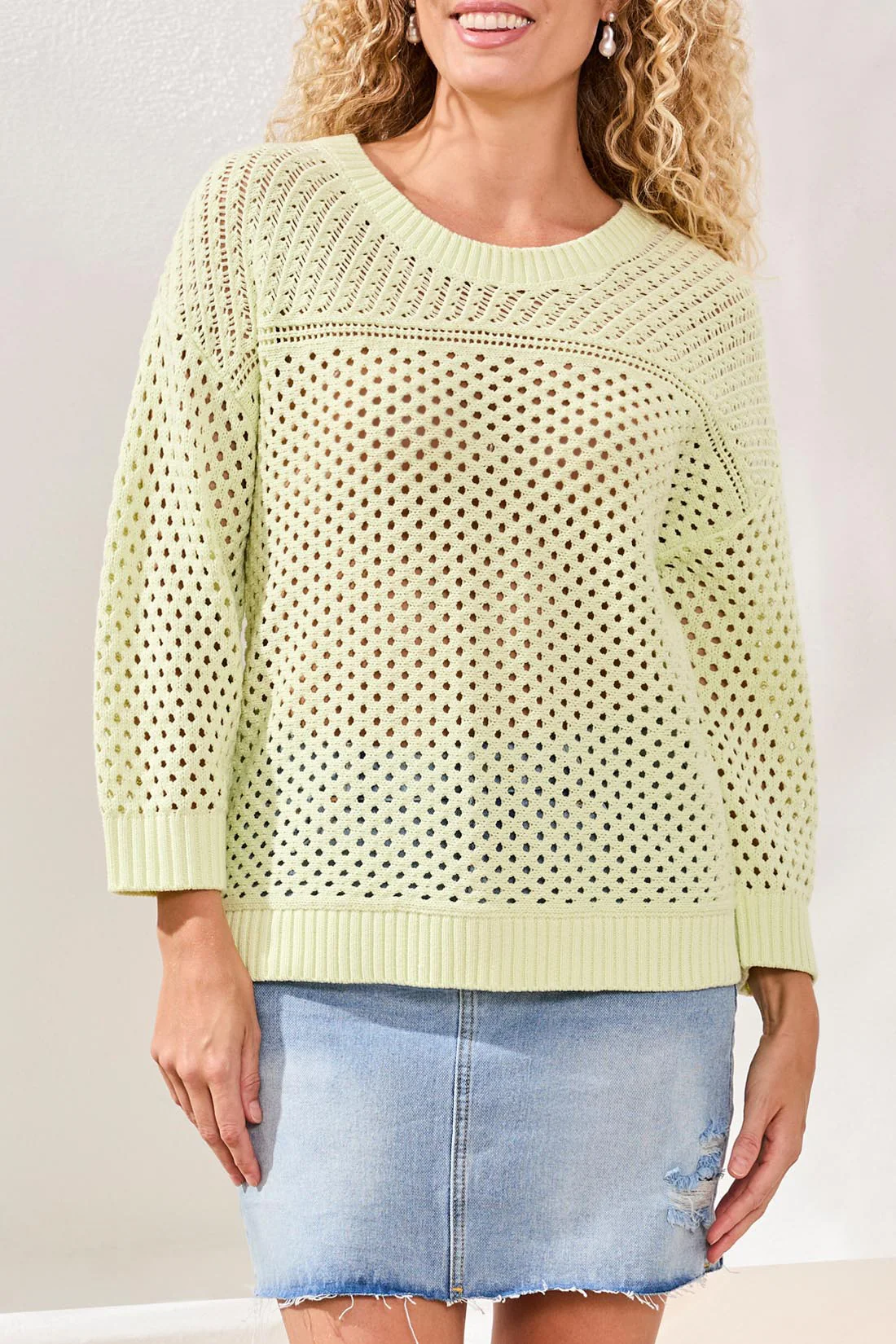 Crew Neck Open-Stitch 3/4 Sleeve Sweater-Limecream - Image 3