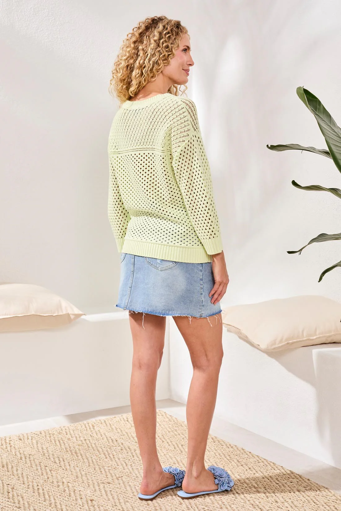 Crew Neck Open-Stitch 3/4 Sleeve Sweater-Limecream - Image 4