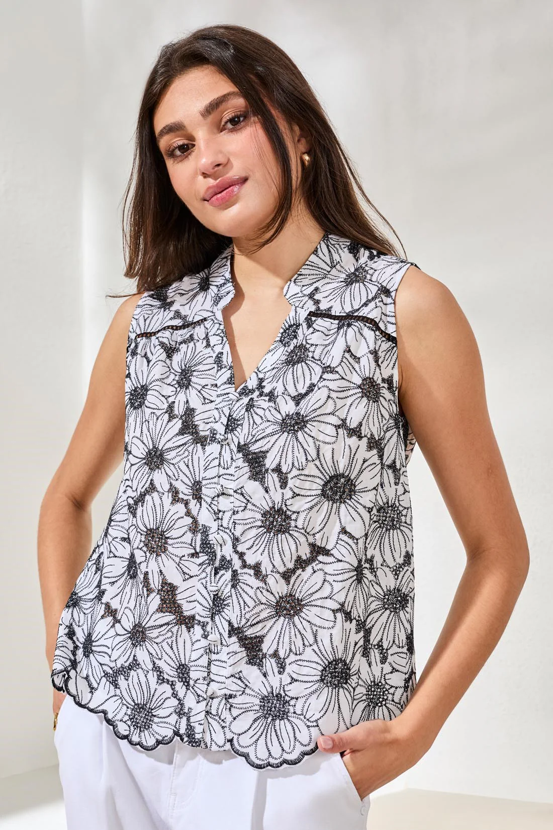 Embroidered Floral Button‑Up Top-White/black - Image 3