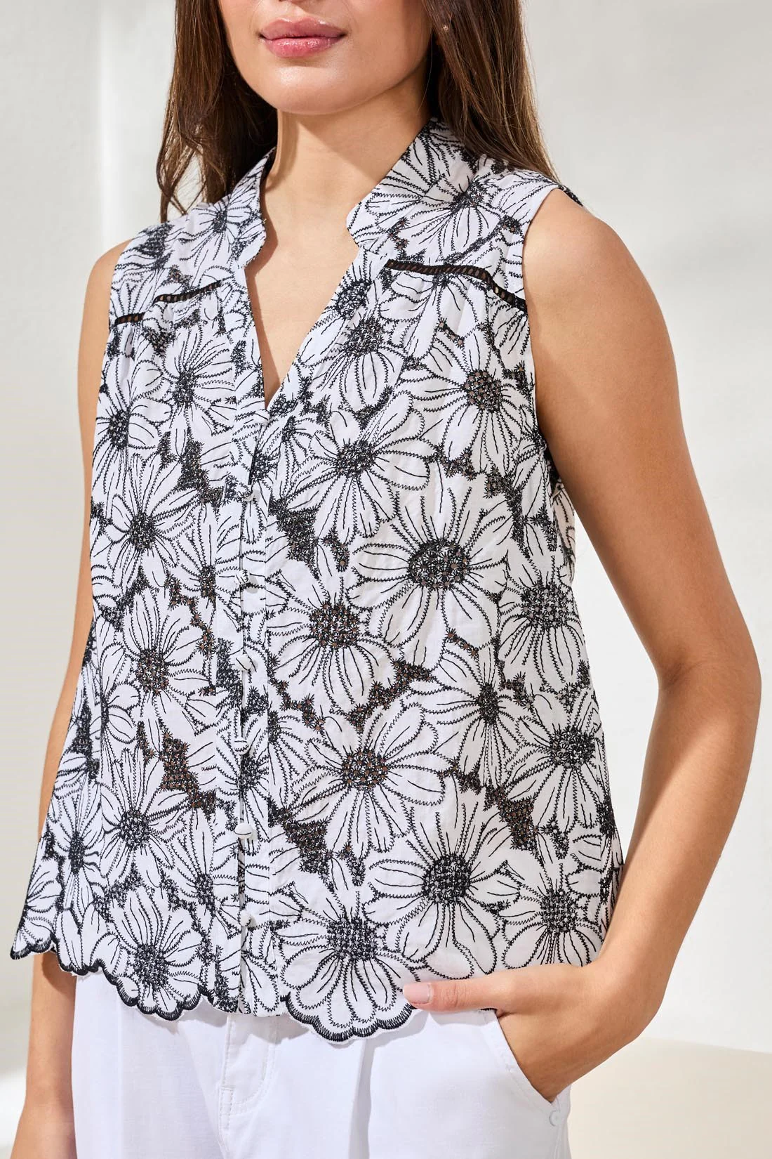 Embroidered Floral Button‑Up Top-White/black - Image 4