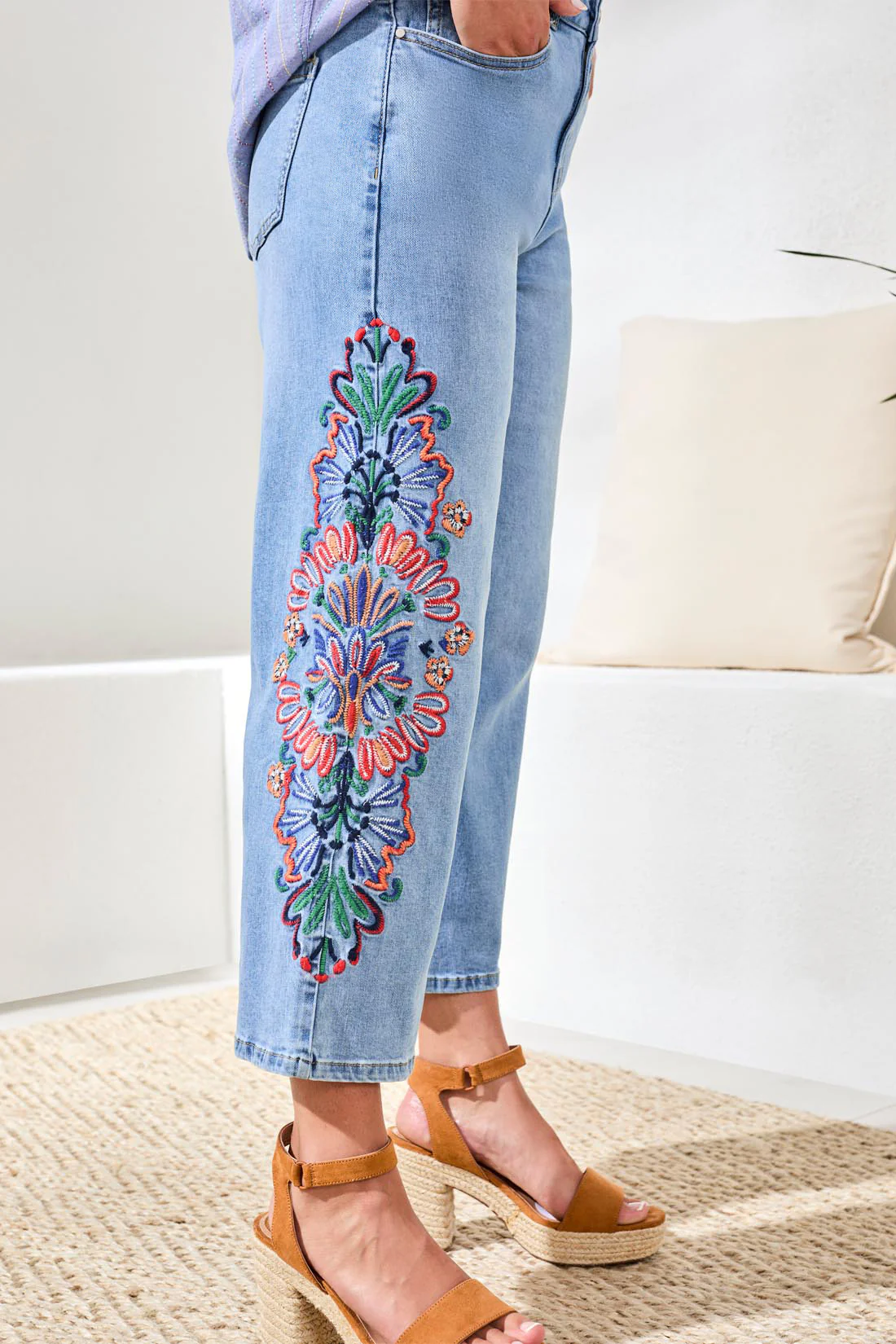 Embroidered Audrey Girlfriend Wide Leg Crop Denim Jeans-Desertblue - Image 3