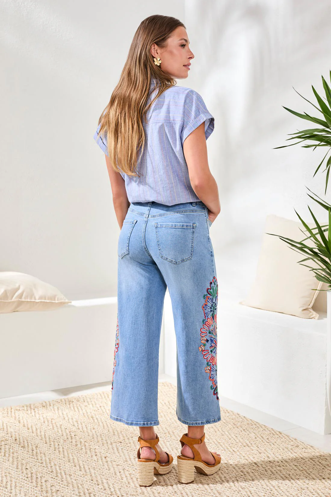 Embroidered Audrey Girlfriend Wide Leg Crop Denim Jeans-Desertblue - Image 4