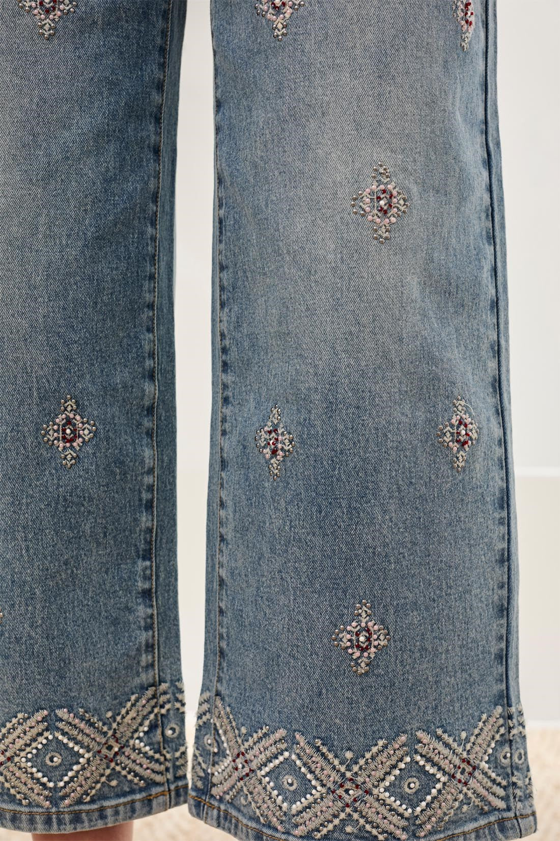 Audrey Hugging Wide Leg Denim With Embroidered Finish-Sweetblue - Image 3