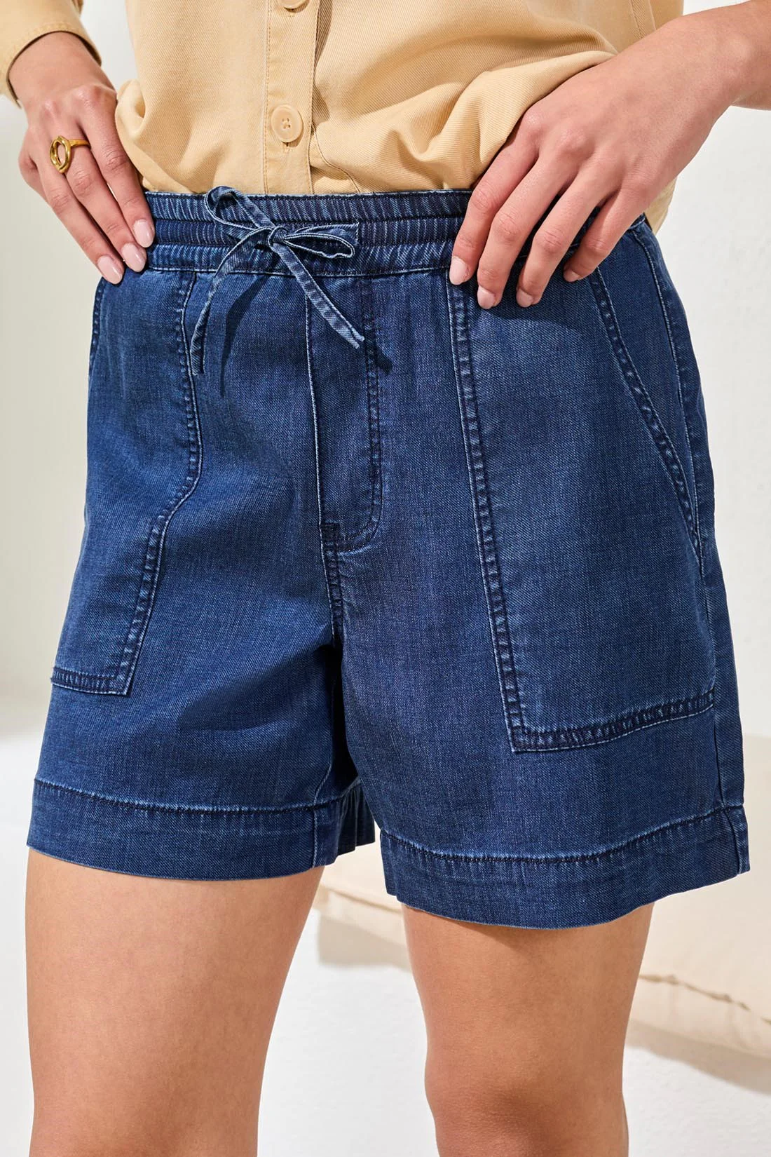 Soft Drape Denim Audrey Flowy Shorts With Elastic Waist-Seahaven - Image 3