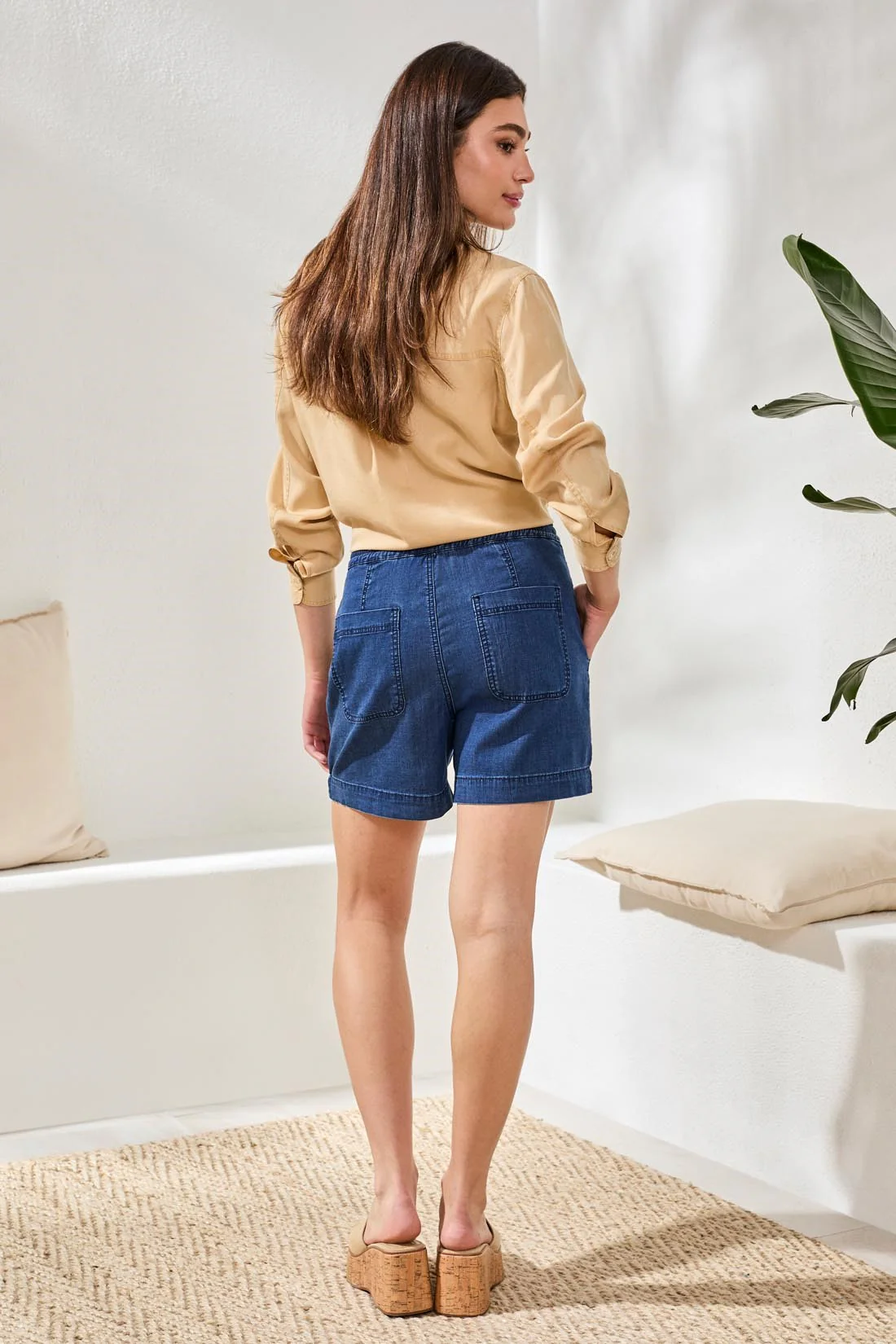Soft Drape Denim Audrey Flowy Shorts With Elastic Waist-Seahaven - Image 4