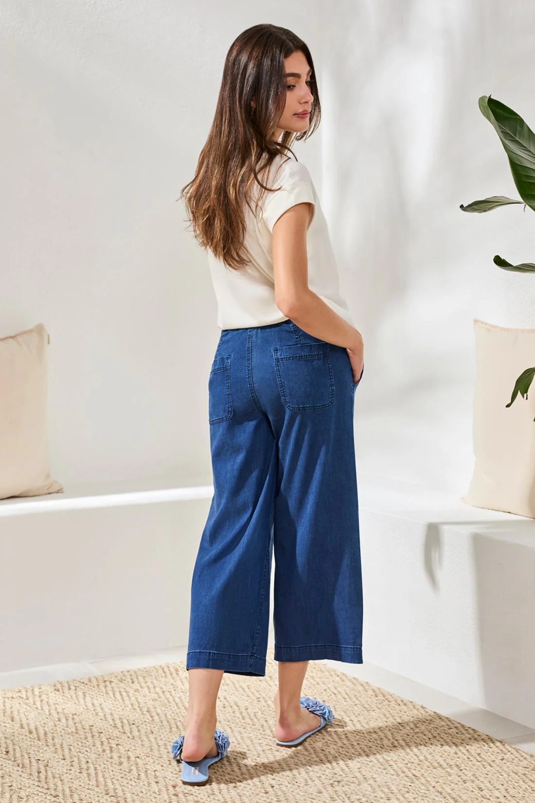Soft Drape Denim Audrey Wide-Leg Pants Elastic Waist-Seahaven - Image 4