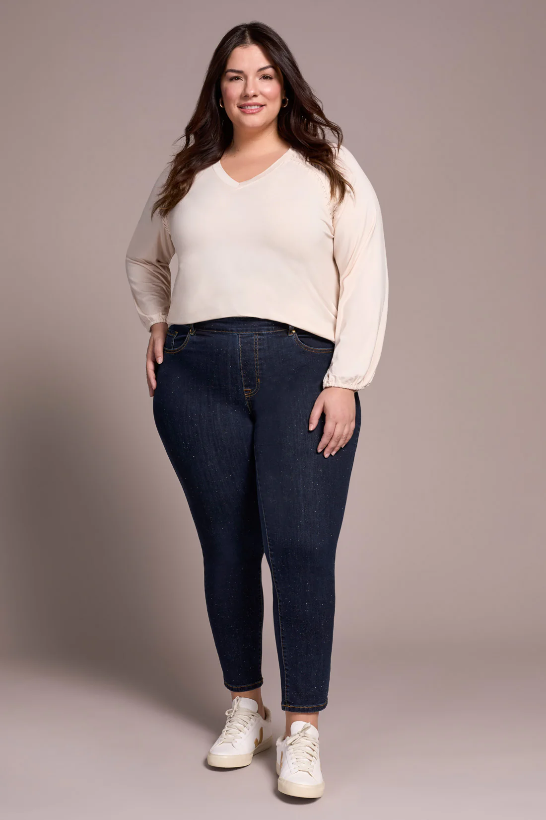 Audrey Mid Rise Pull-On Slim Ankle Glitter Jeans-Goldrinse - Image 3