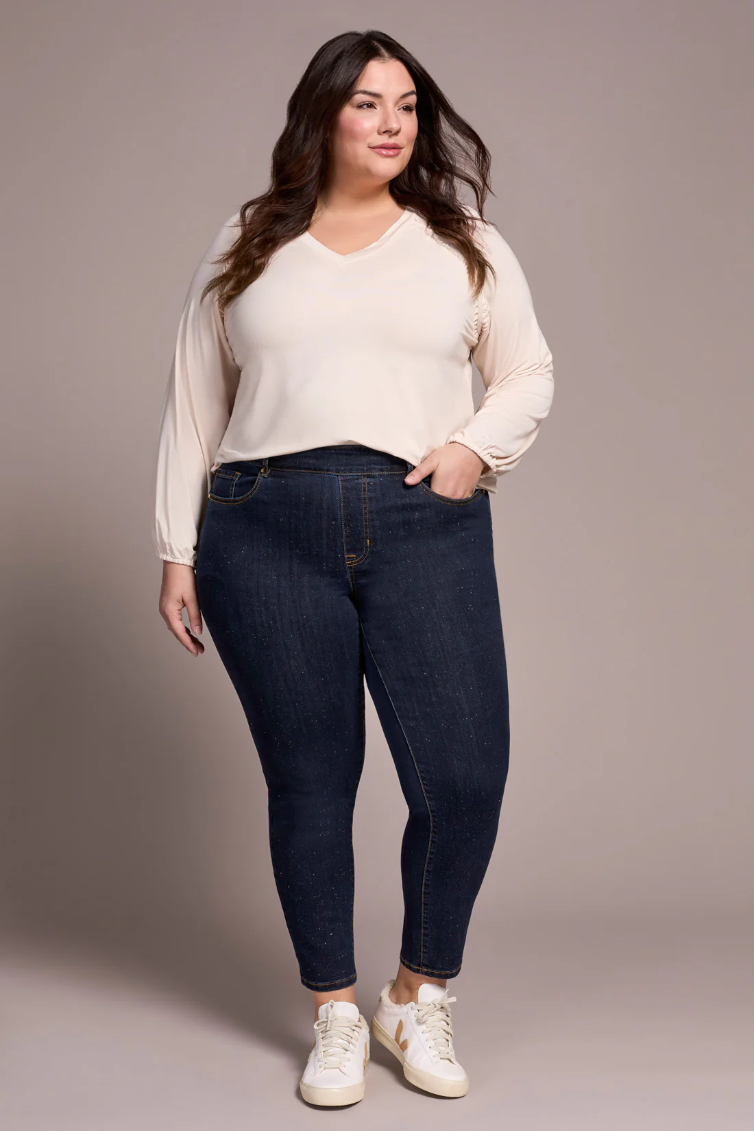 Audrey Mid Rise Pull-On Slim Ankle Glitter Jeans-Goldrinse - Image 4