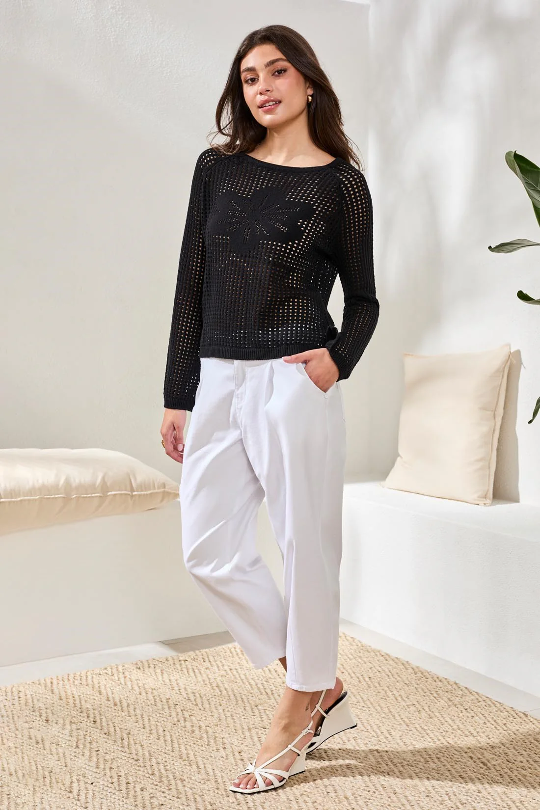 Crochet Boat Neck Bell Sleeve Sweater-Black - Image 2