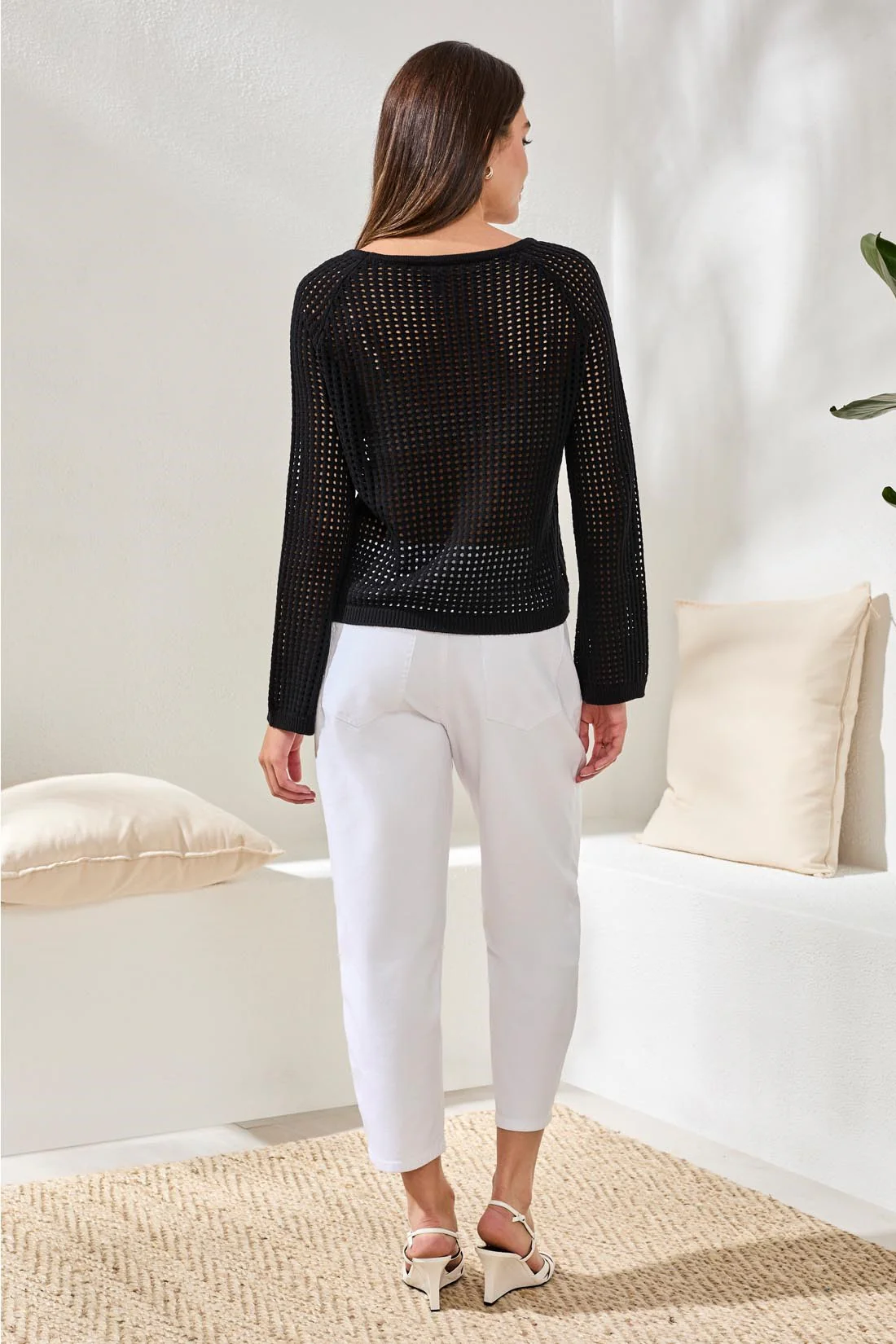 Crochet Boat Neck Bell Sleeve Sweater-Black - Image 4