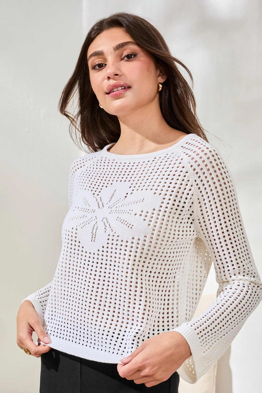 Crochet Boat Neck Bell Sleeve Sweater-White - Image 3