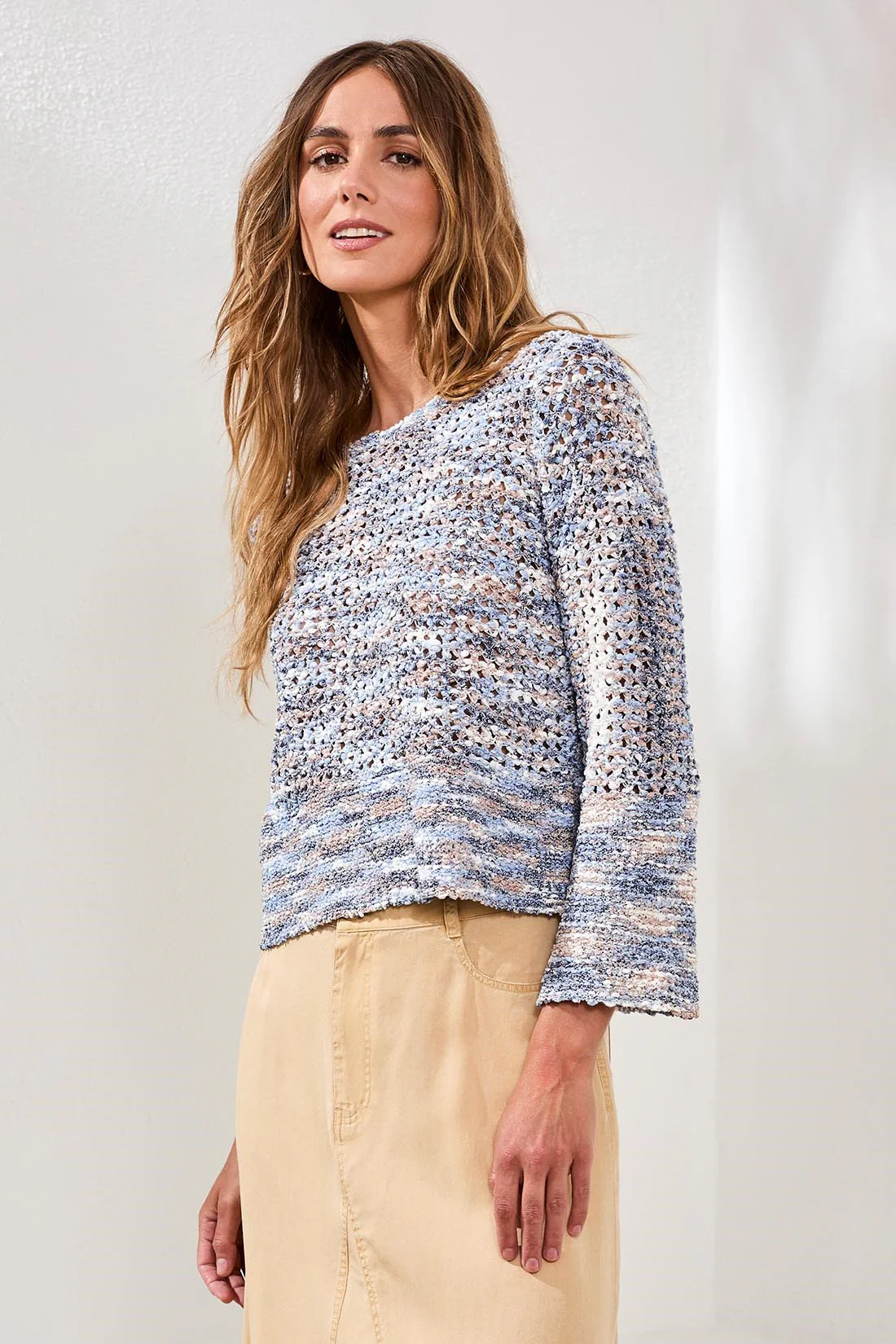 Open-Stitch Crewneck Bell-Sleeve Sweater-Saltwater