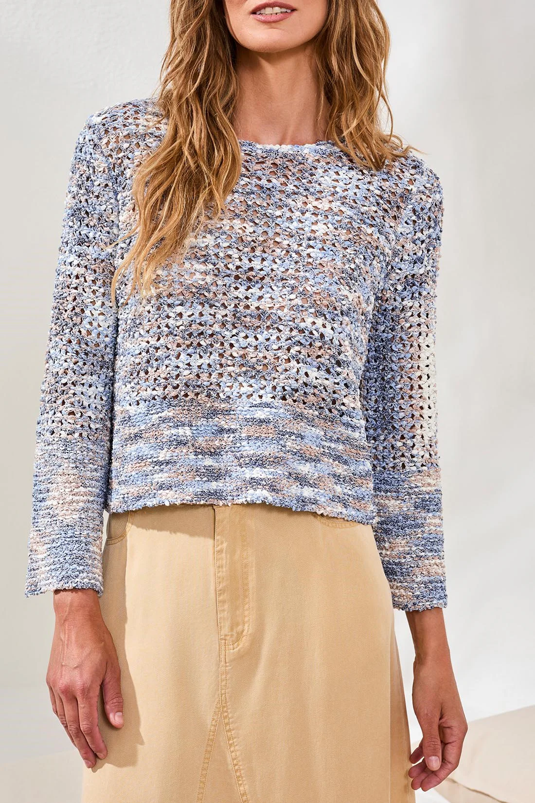 Open-Stitch Crewneck Bell-Sleeve Sweater-Saltwater - Image 3