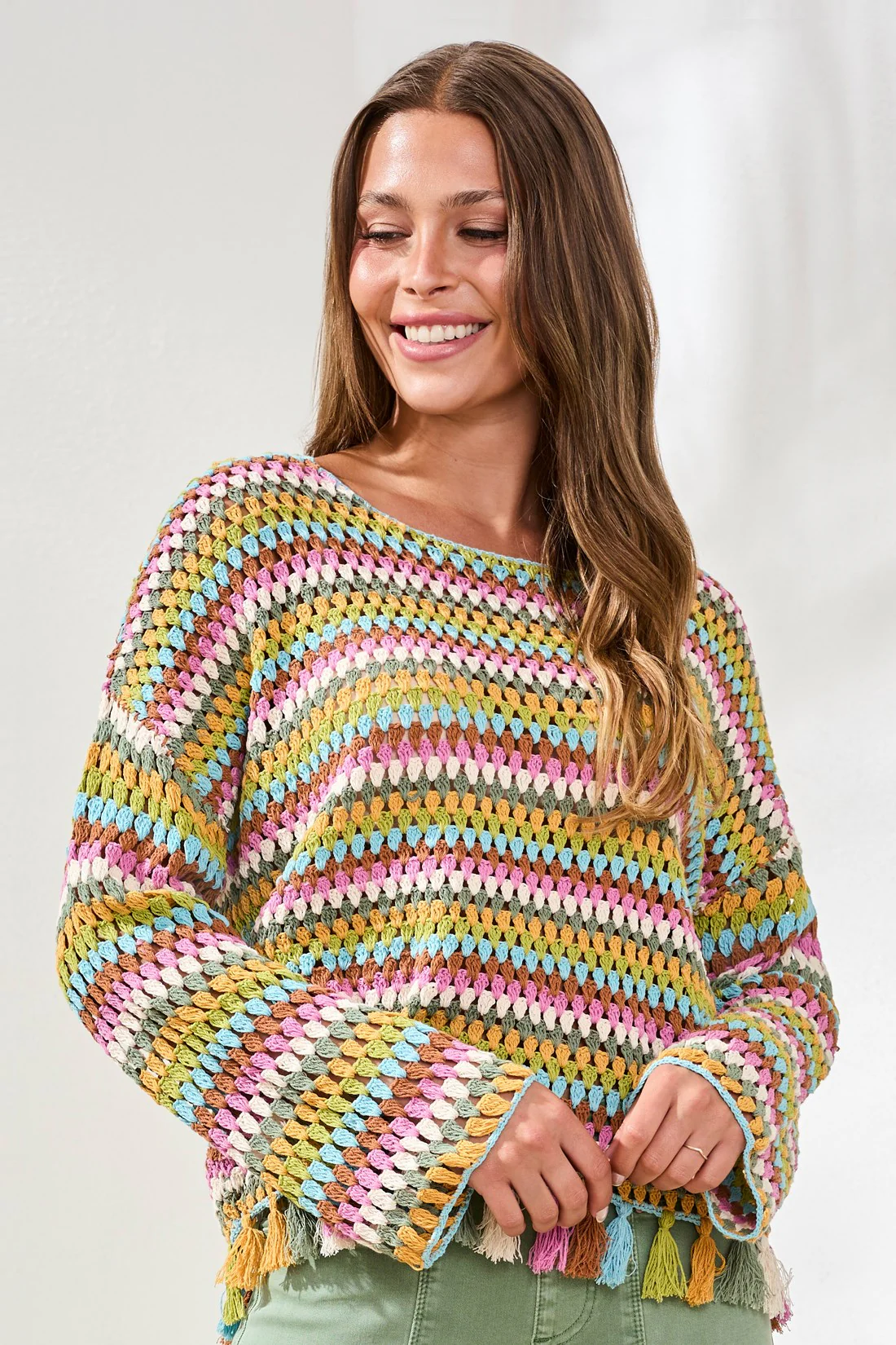 Multicolor Crochet Bell Sleeve Sweater With Tassels-Aqua sky - Image 3
