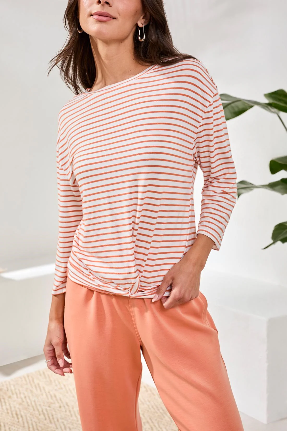 Soft Modal Boat Neck 3/4 Sleeve Top With Knot Detail-Guavablush - Image 3