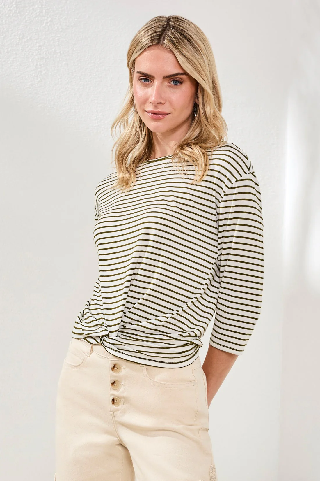 Boat Neck 3/4 Sleeve Top W/ Knot Detail-Rainforest - Image 2