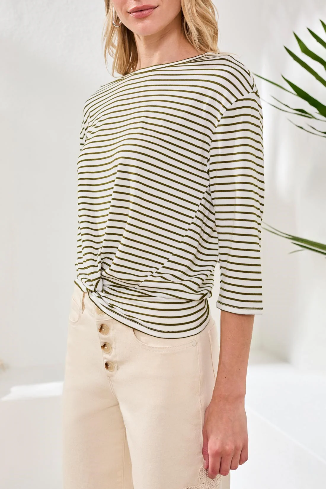 Boat Neck 3/4 Sleeve Top W/ Knot Detail-Rainforest - Image 3