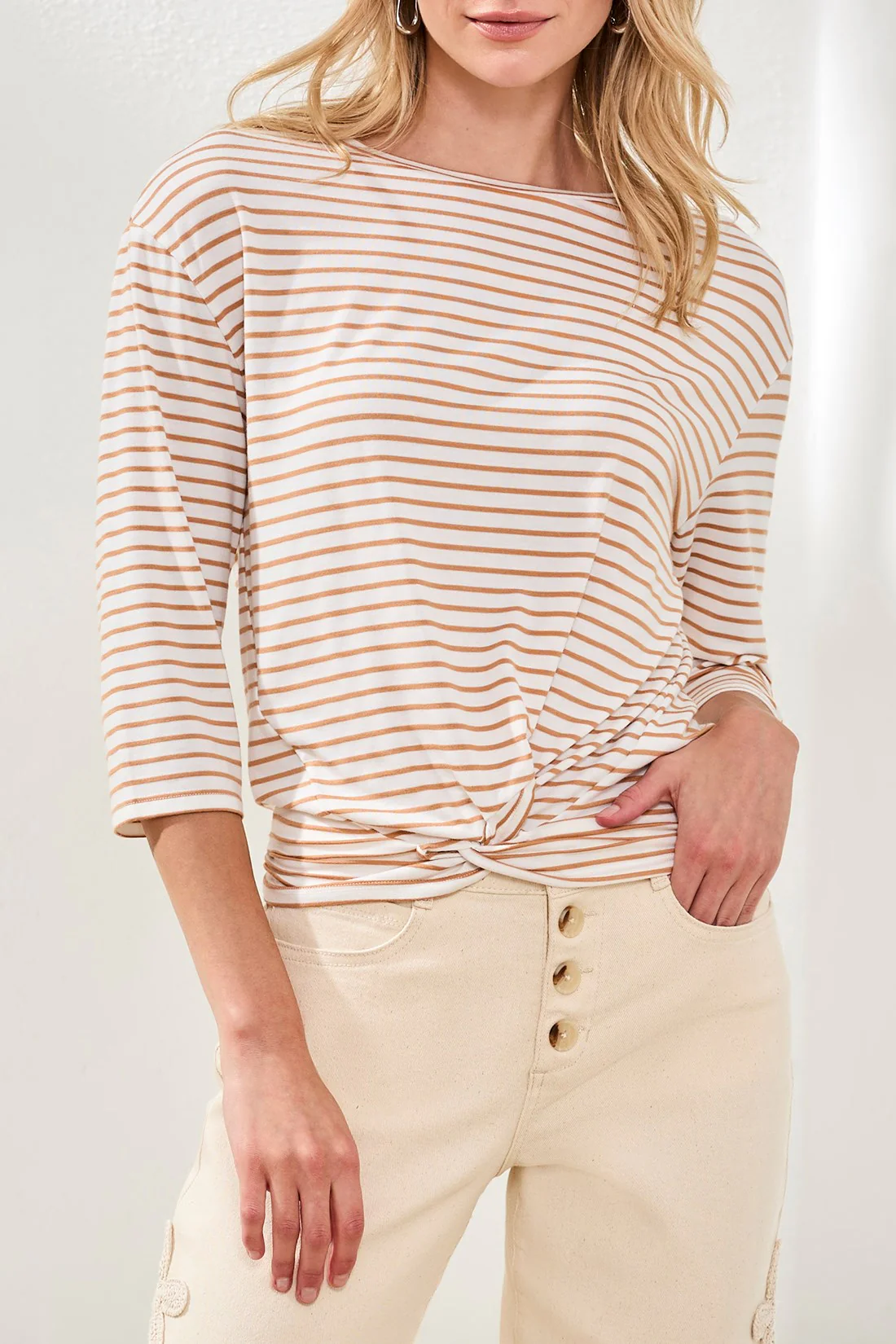 Boat Neck 3/4 Sleeve Top W/ Knot Detail-Saharabeige - Image 3