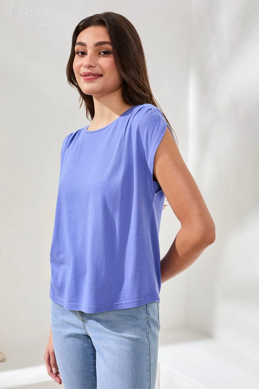 Boat Neck Cap Sleeve Top-Baja blue - Image 2