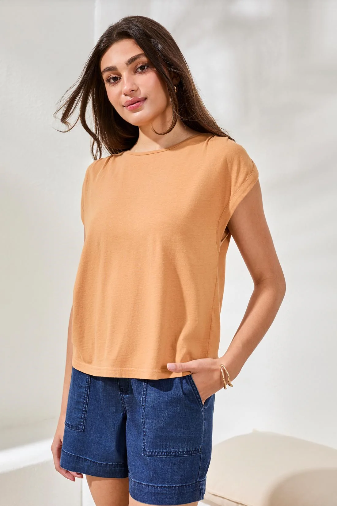 Boat Neck Cap Sleeve Top-Saharabeige - Image 2