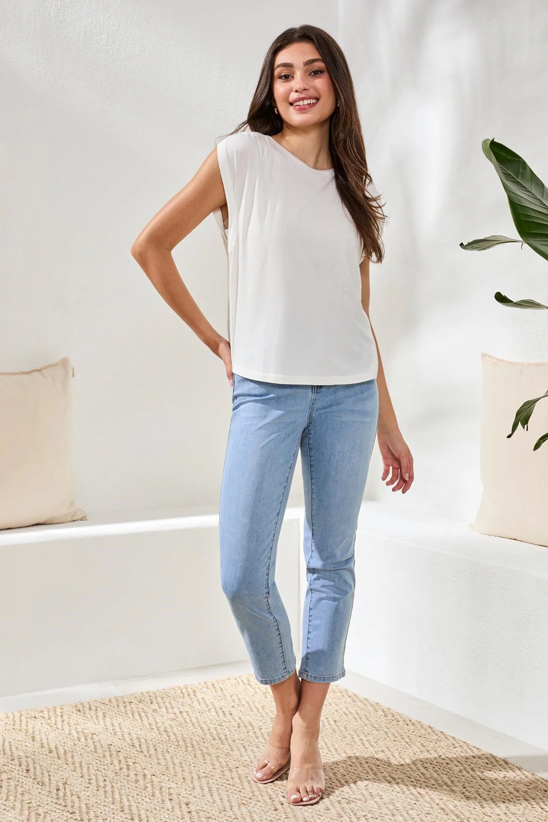Boat Neck Cap Sleeve Top-White
