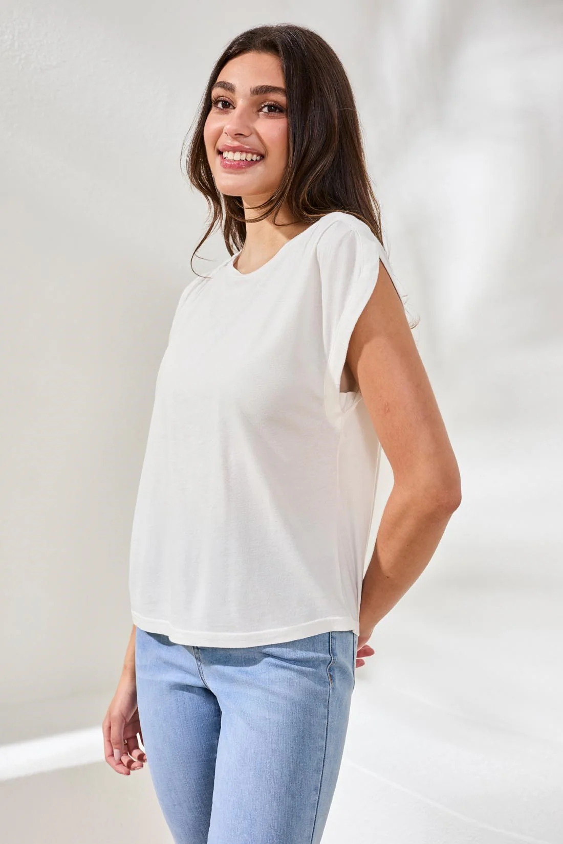 Boat Neck Cap Sleeve Top-White - Image 2
