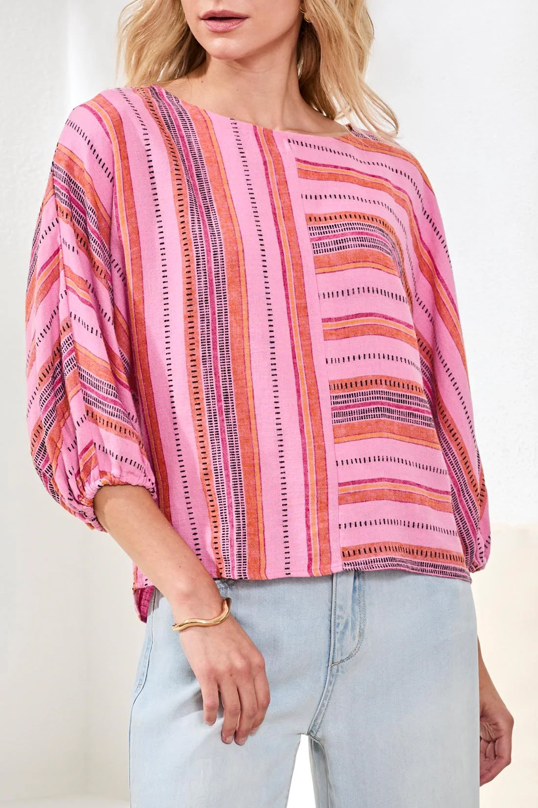 Linen Boat Neck Blouse With Dolman Sleeves-Rosesilk - Image 2