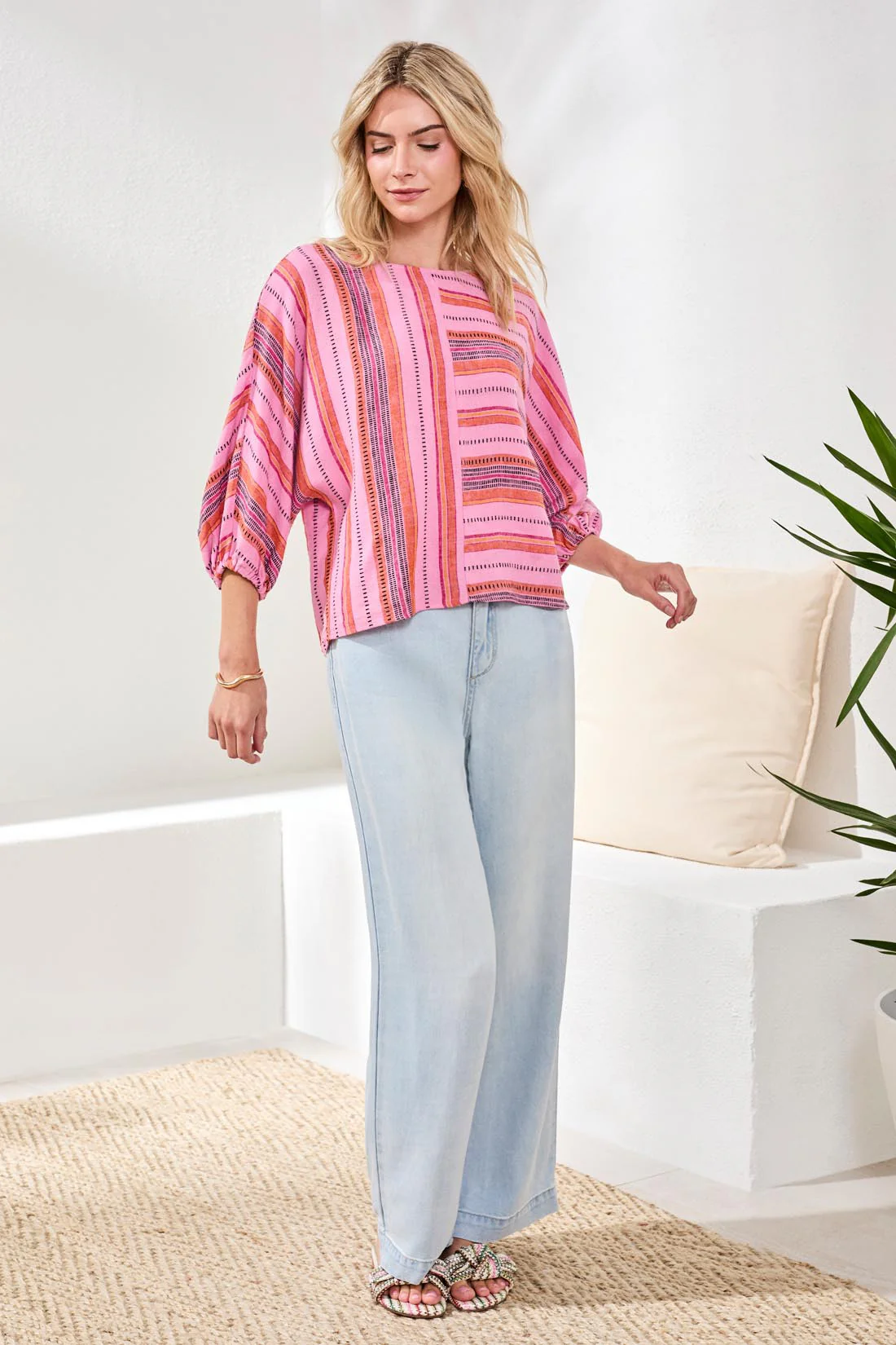 Linen Boat Neck Blouse With Dolman Sleeves-Rosesilk - Image 3