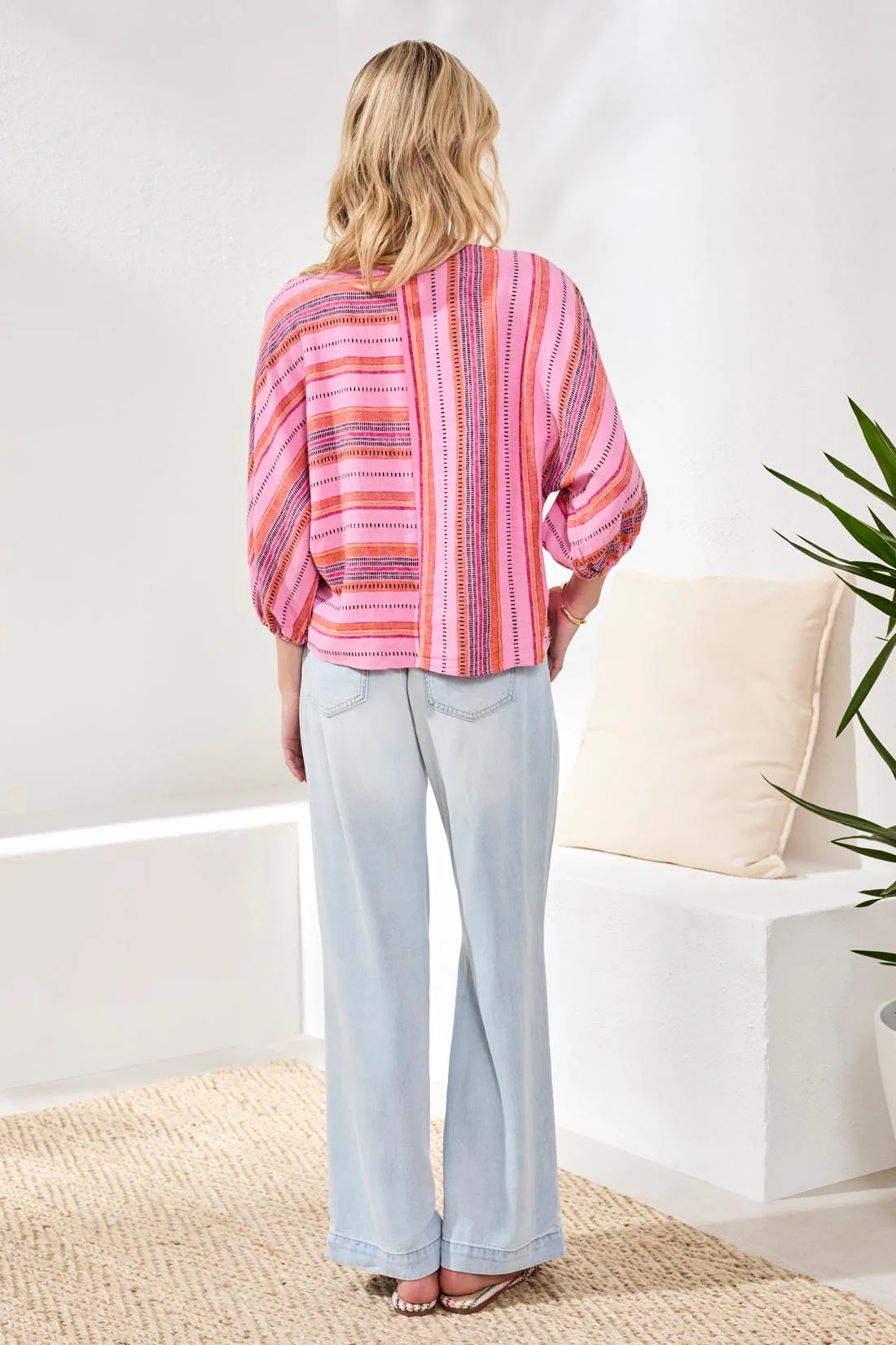 Linen Boat Neck Blouse With Dolman Sleeves-Rosesilk - Image 4