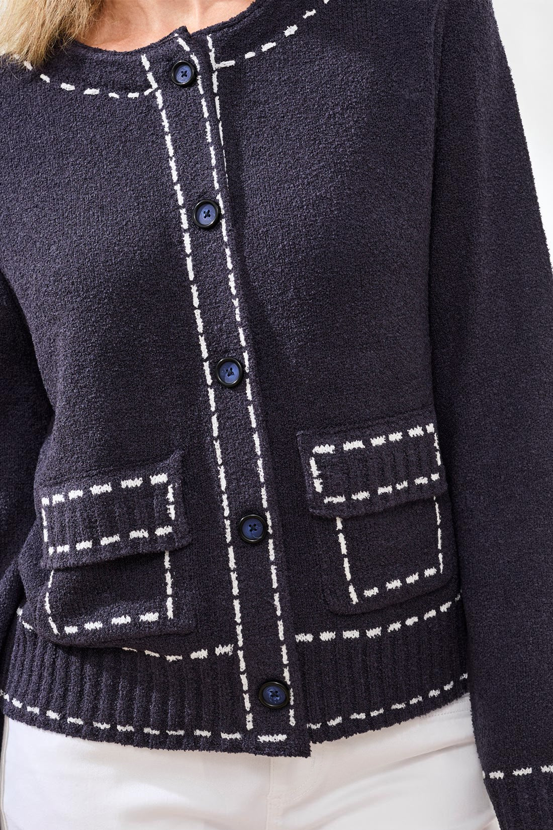 Boucle Yarn Contrast Stitch Cardigan-Jet blue - Image 3