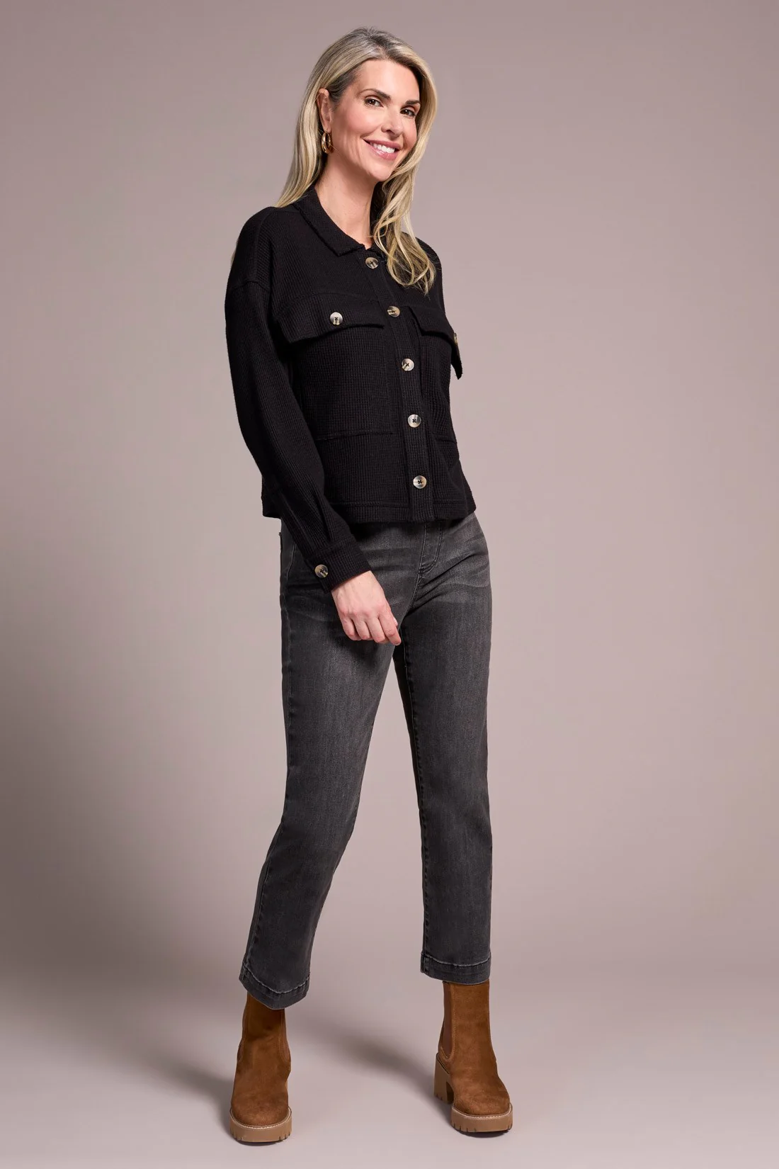 Brushed Waffle Knit Shacket-Black - Image 2