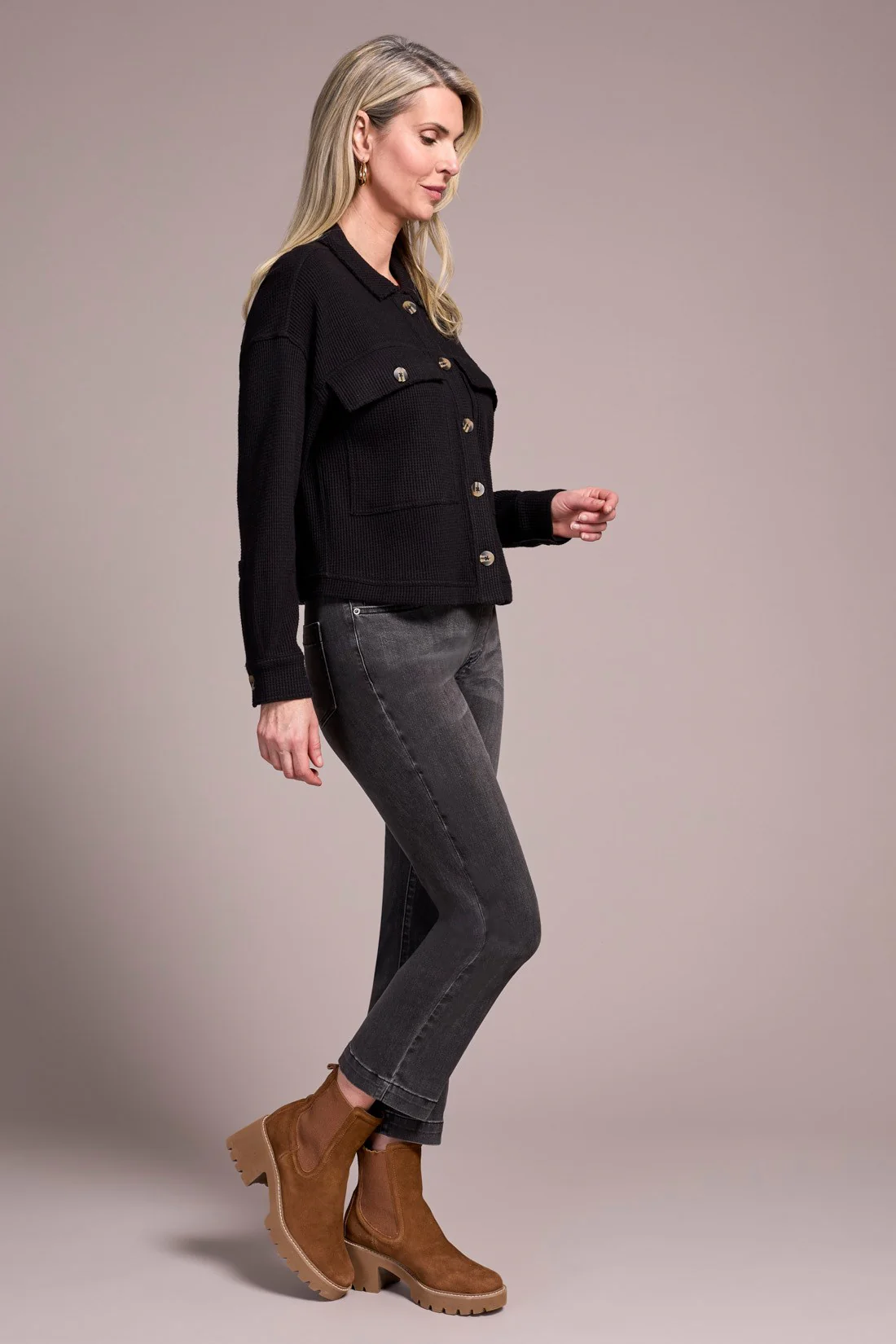 Brushed Waffle Knit Shacket-Black - Image 3