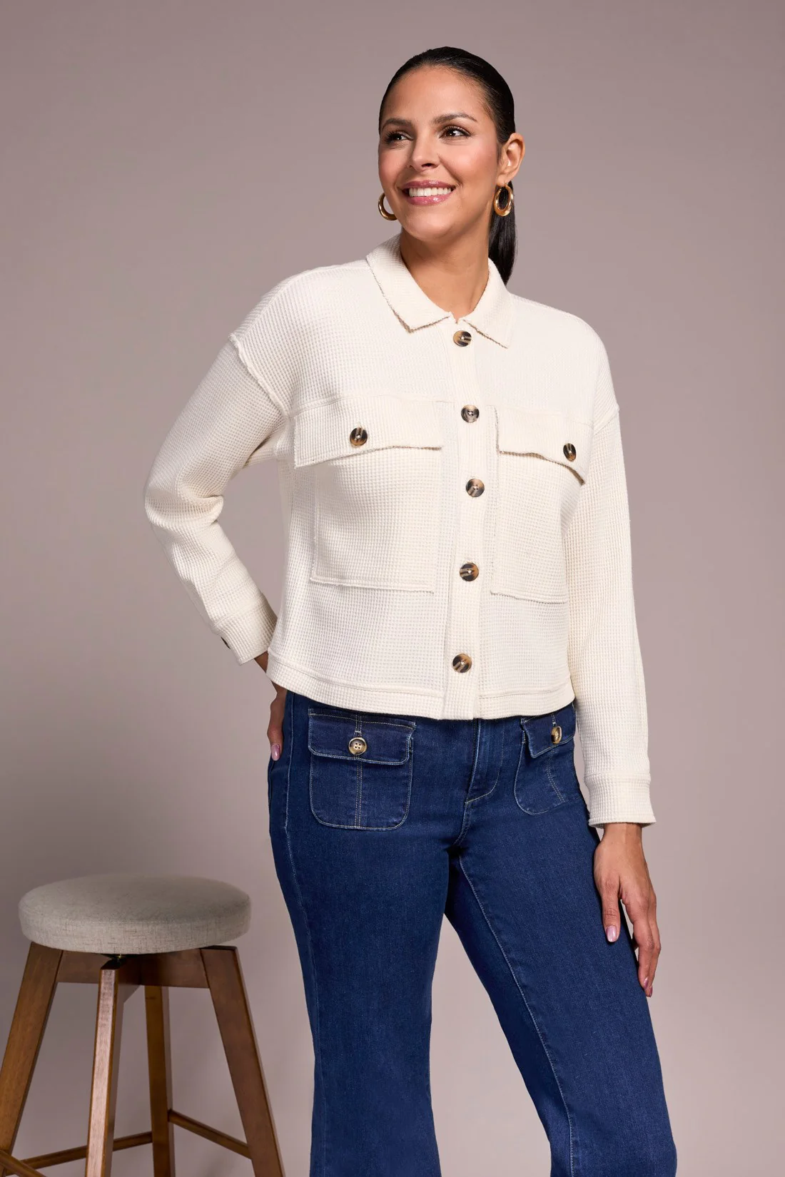 Brushed Waffle Knit Shacket-H eggshell - Image 3
