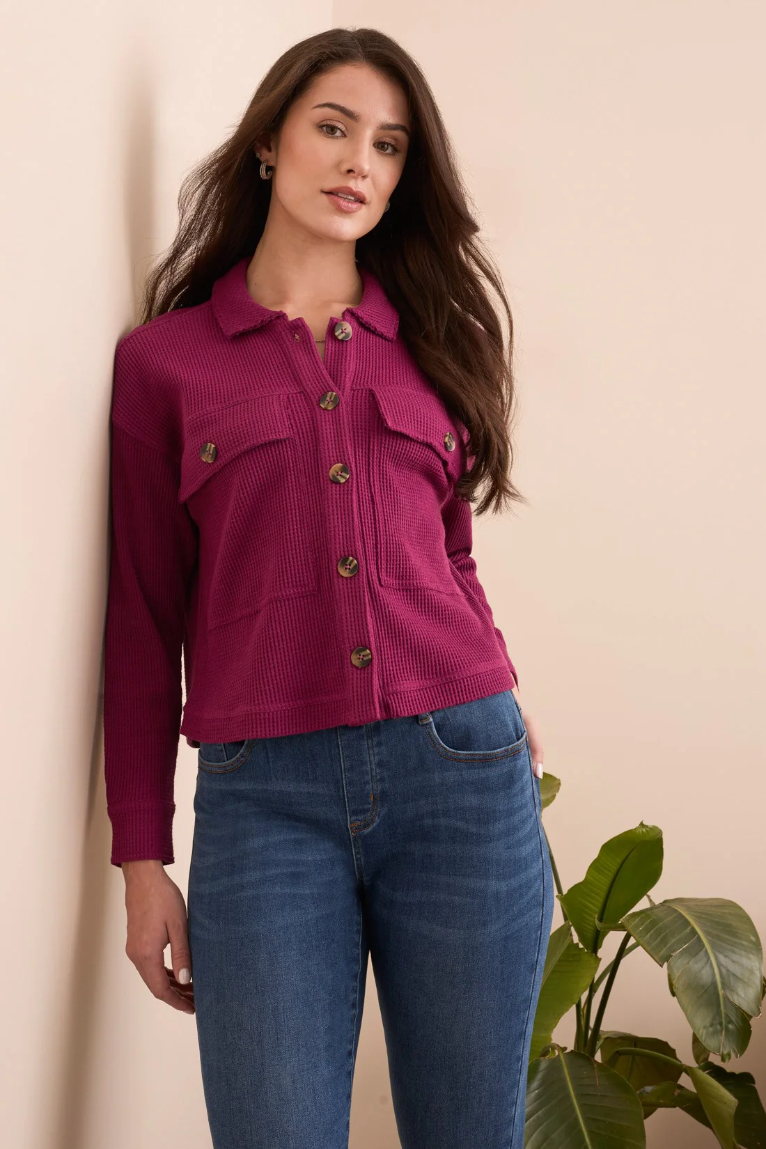 Brushed Waffle Knit Shacket-H plumwine - Image 3