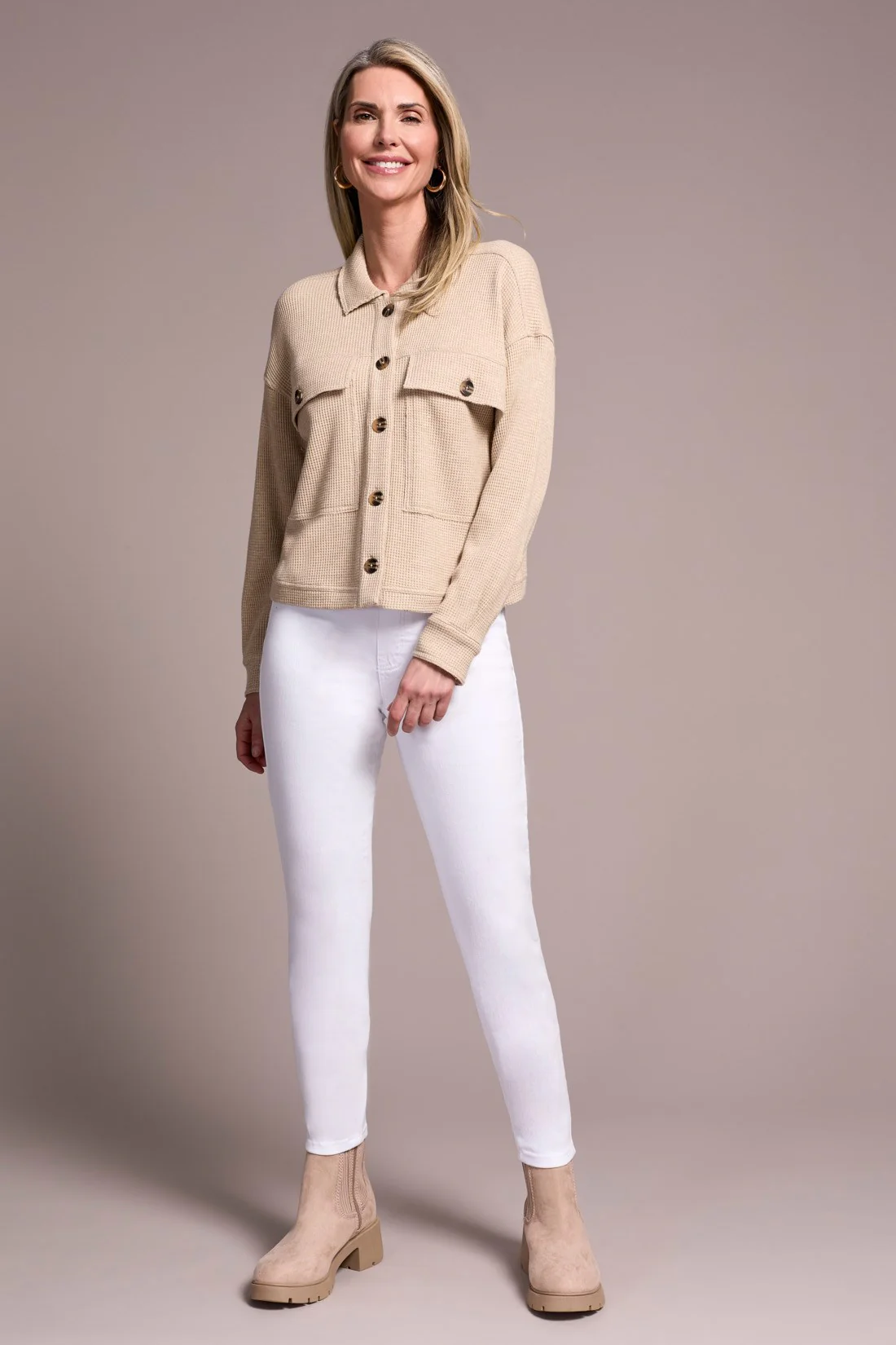 Brushed Waffle Knit Shacket-Oatmeal
