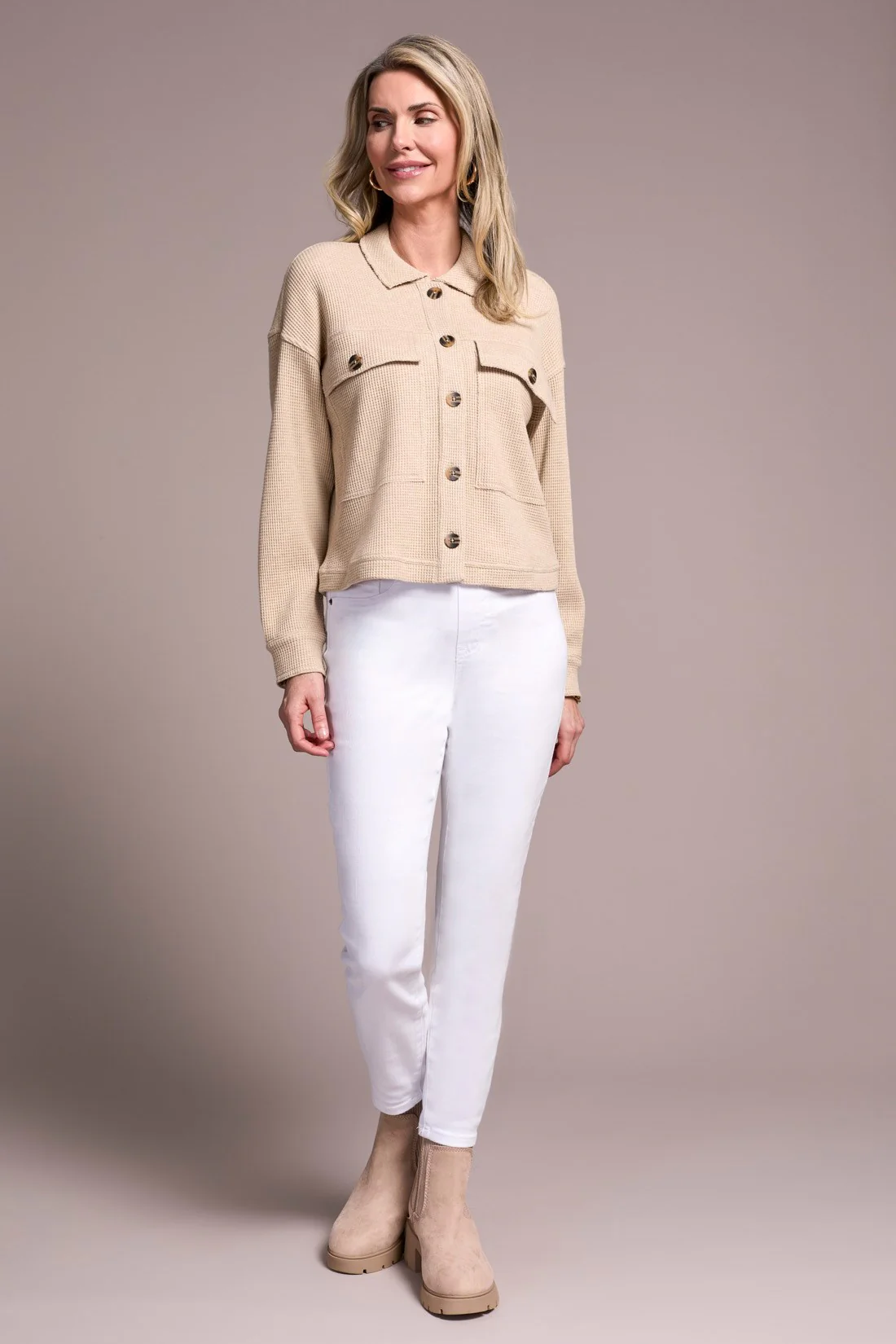 Brushed Waffle Knit Shacket-Oatmeal - Image 2
