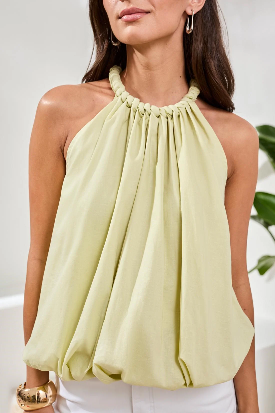 Bubble Hem Blouse With Braided Neckline-Citrus glow - Image 2