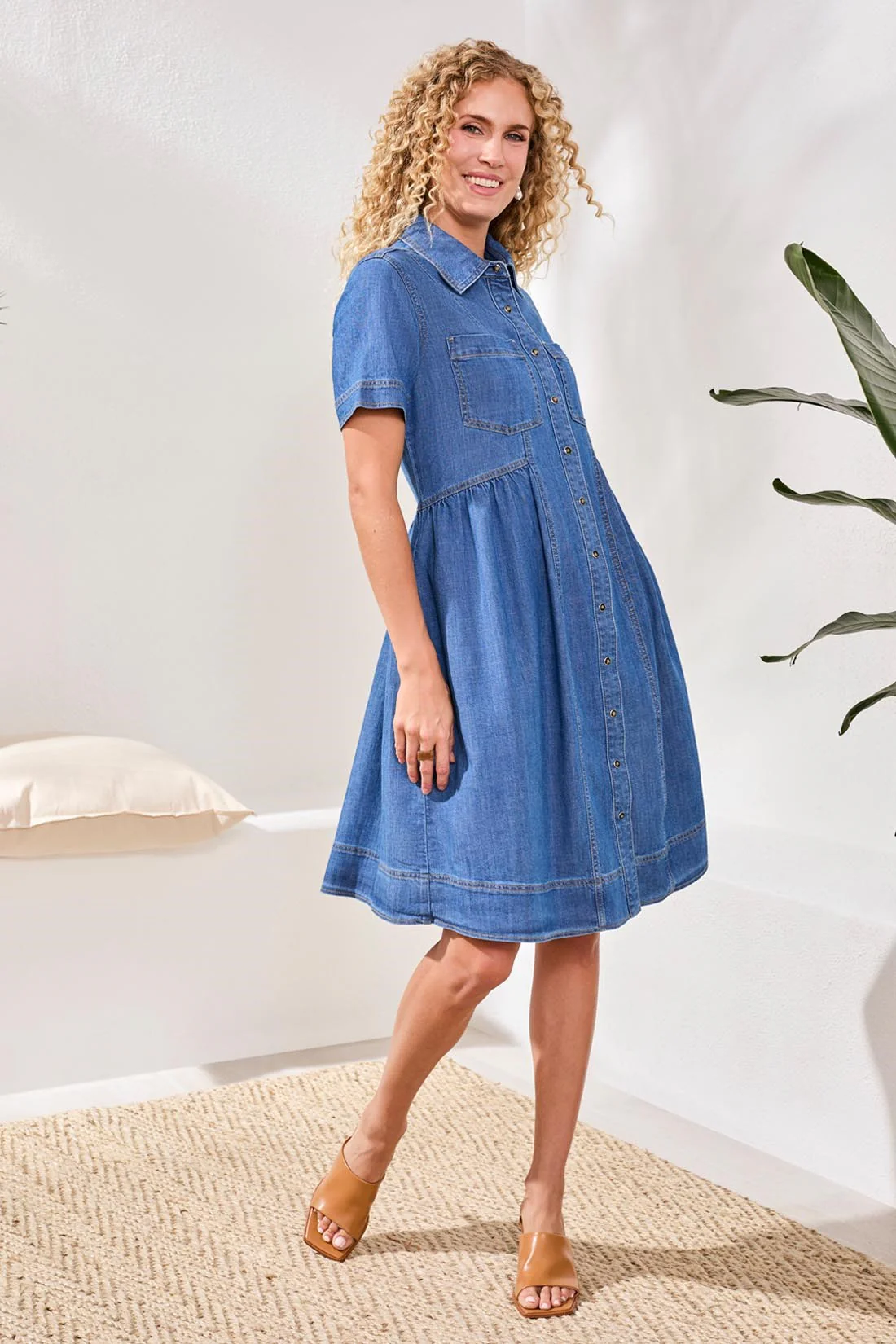 Button Down Flowy Denim Dress With Pockets-Fjordblue