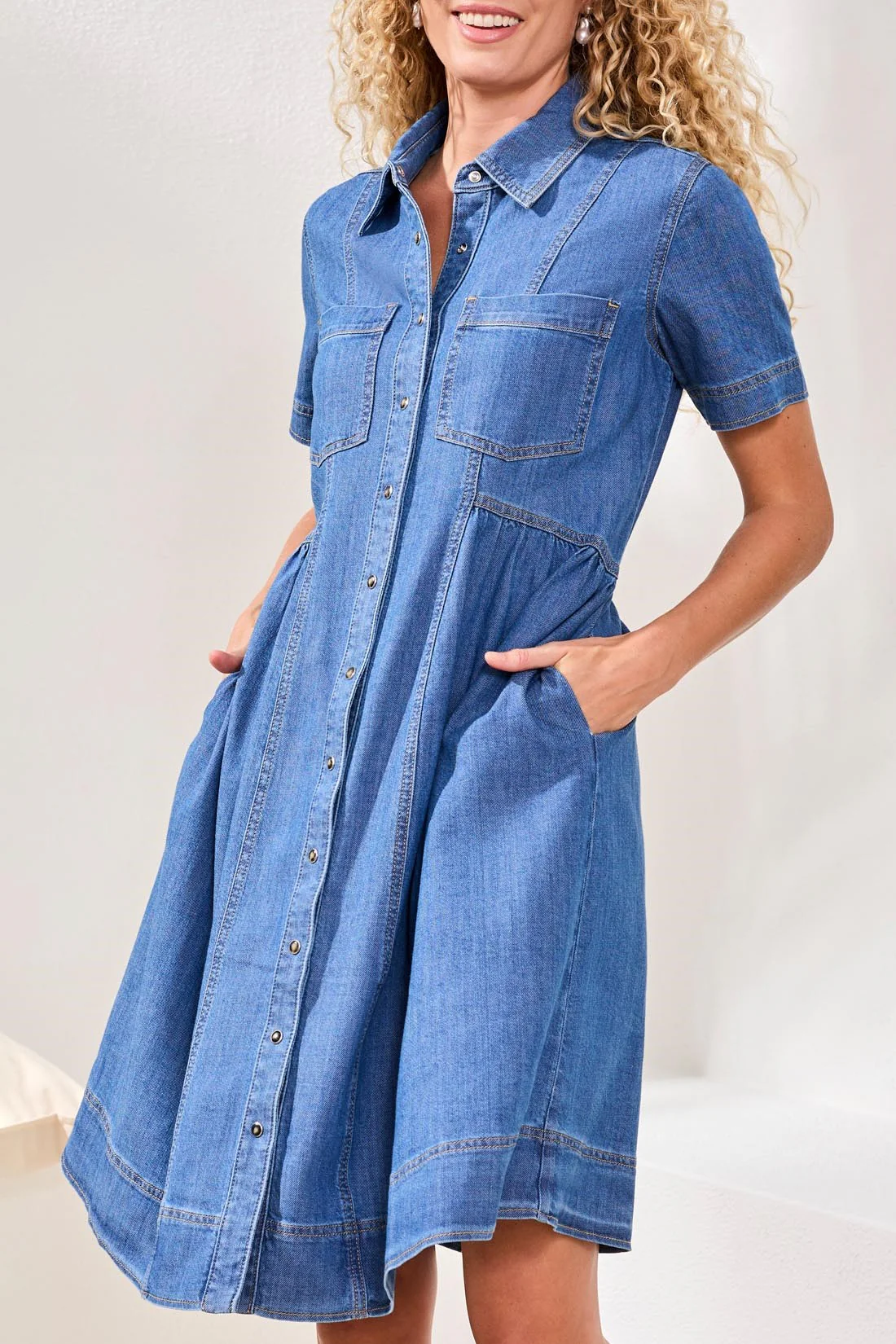 Button Down Flowy Denim Dress With Pockets-Fjordblue - Image 3