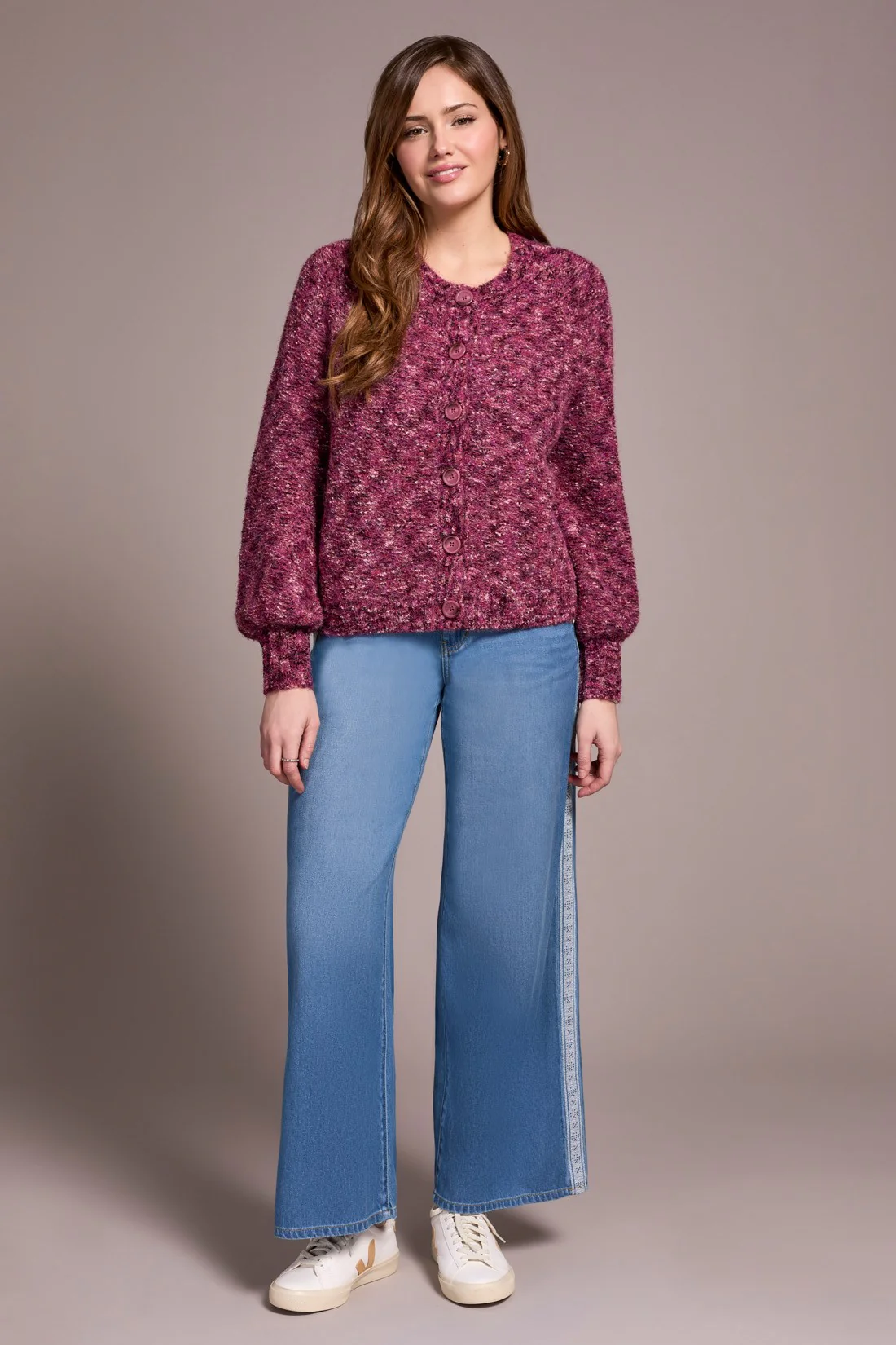 Button-Front Crew Neck Sweater Cardigan-M roseberry