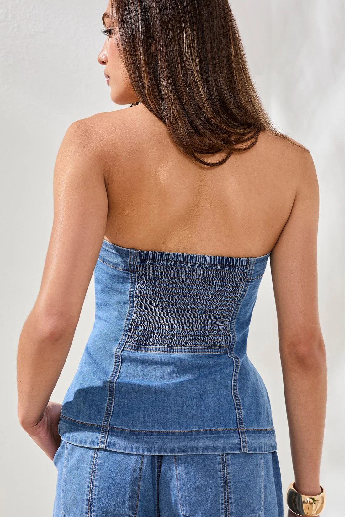 BLUE THREAD Button Front Denim Bustier Top-Amalficoast - Image 3