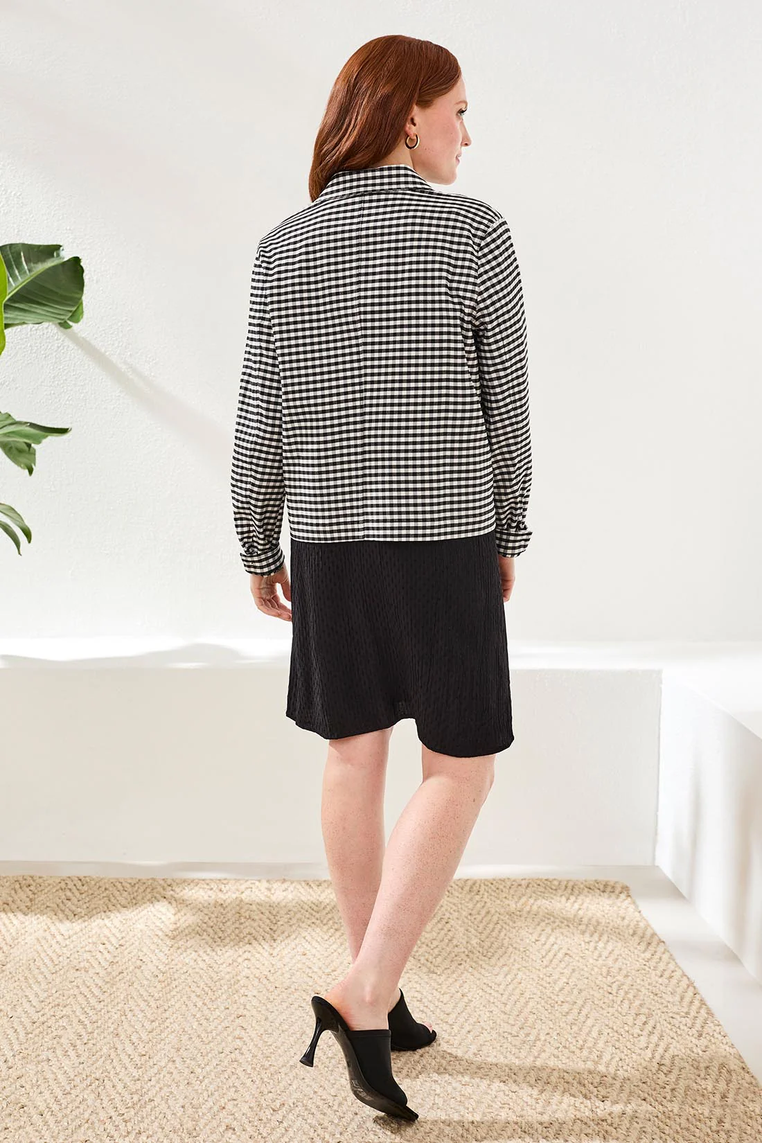 Gingham Button Front Collared Jacket With Pockets-Black - Image 4