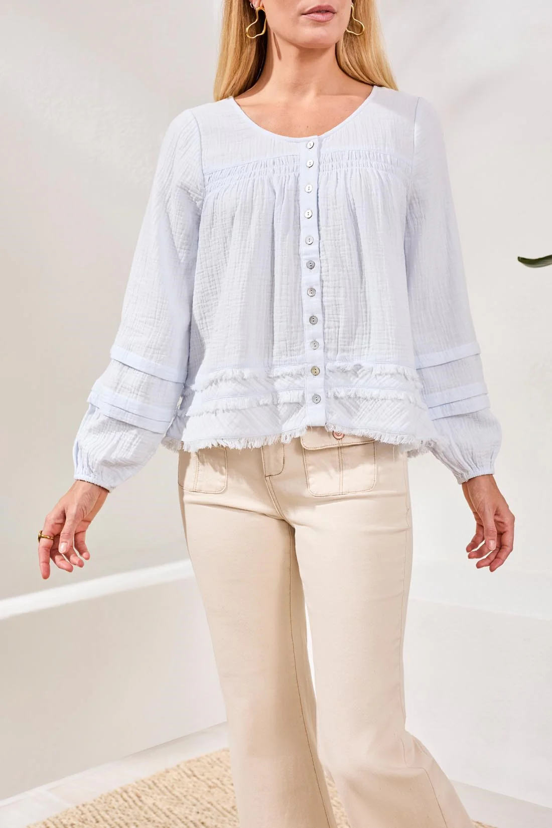 Crinkle Gauze Button-Front Balloon Sleeve Frayed Hem Blouse-Saltwater - Image 2