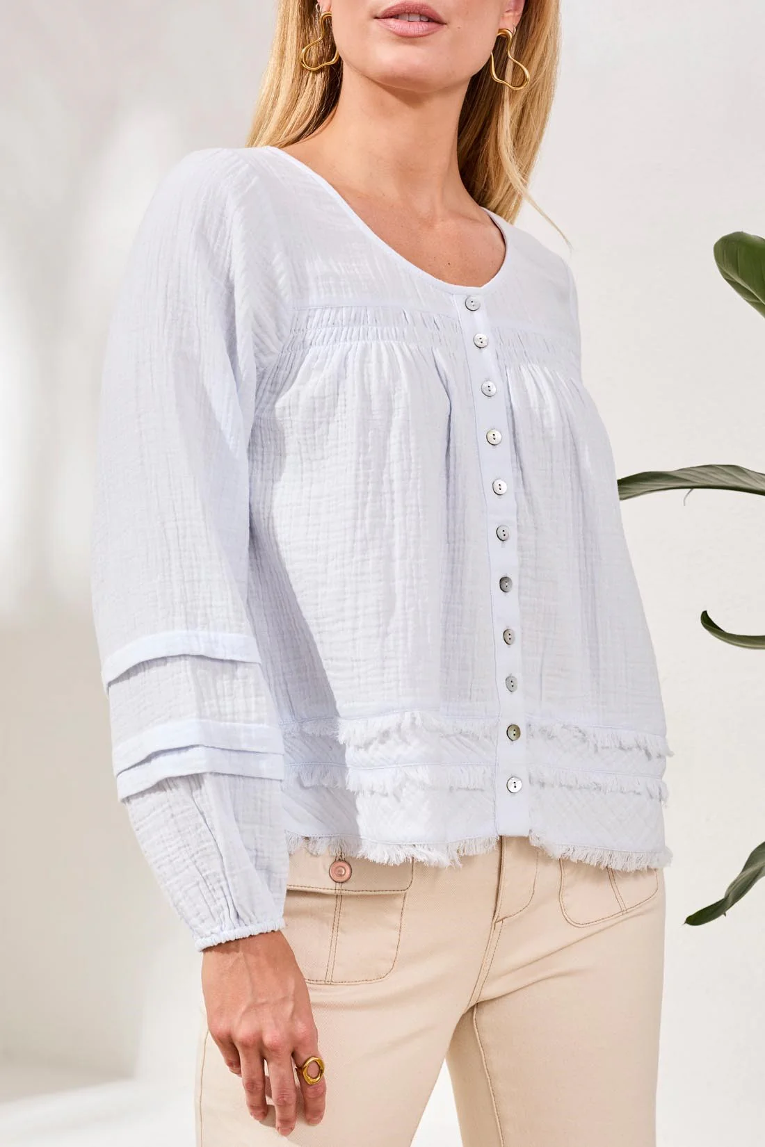 Crinkle Gauze Button-Front Balloon Sleeve Frayed Hem Blouse-Saltwater - Image 3