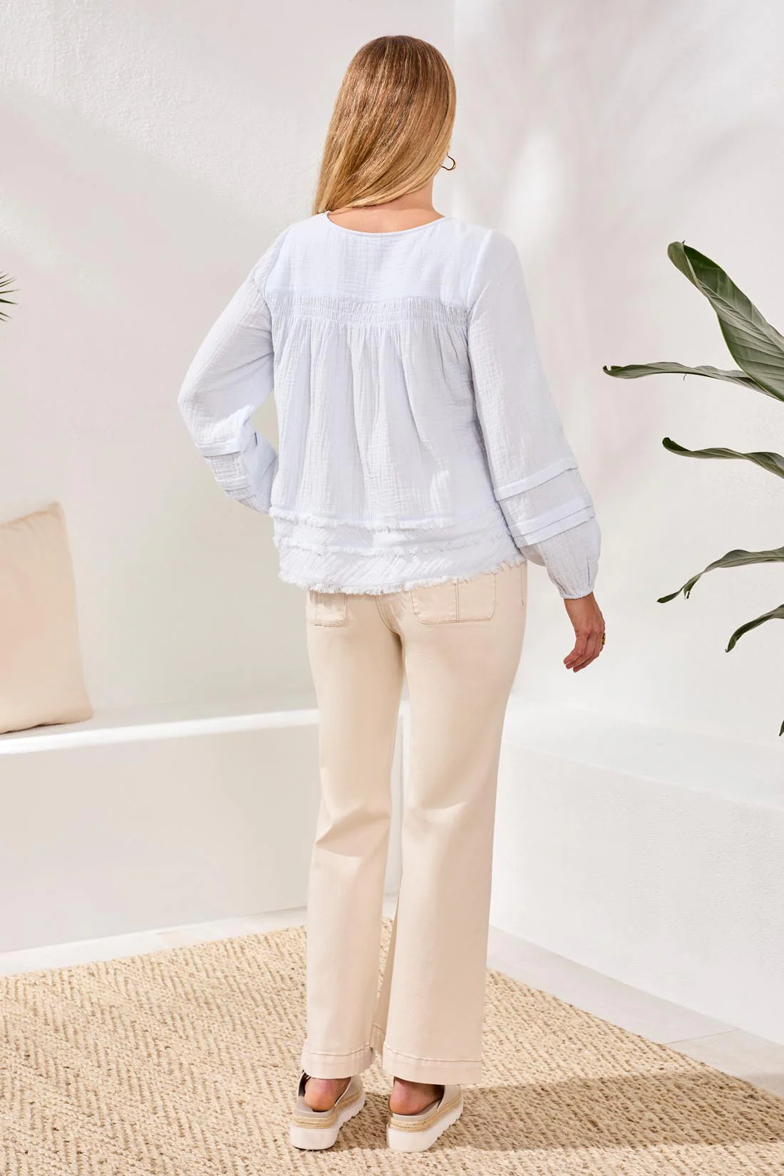 Crinkle Gauze Button-Front Balloon Sleeve Frayed Hem Blouse-Saltwater - Image 4