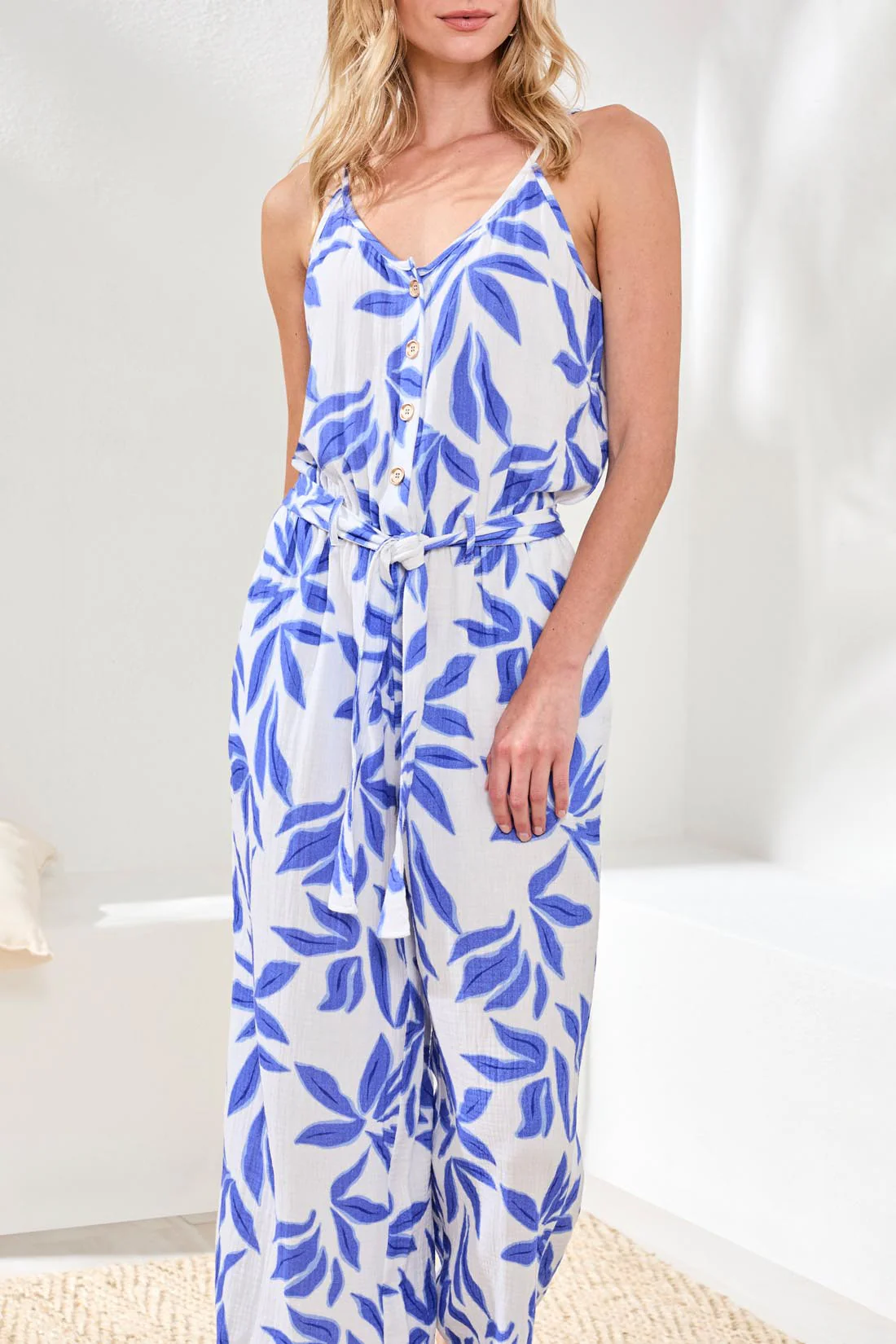 Button-Front Printed Gauze Jumpsuit With Sash-Baja blue - Image 3