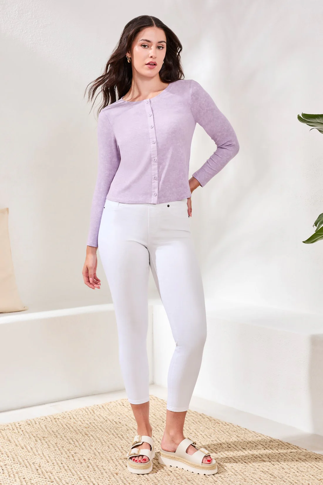 Button-Front Ribbed Knit Cardigan-Lavender - Image 3