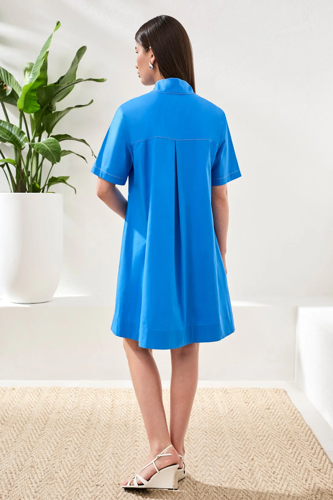 A-Line Stretch Poplin Snap Front Dress-Royal - Image 3