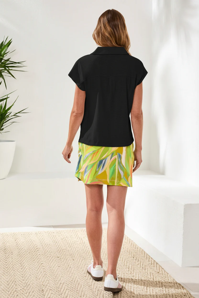 Cap Sleeve Johnny Collar Slub Knit Top-Black - Image 3