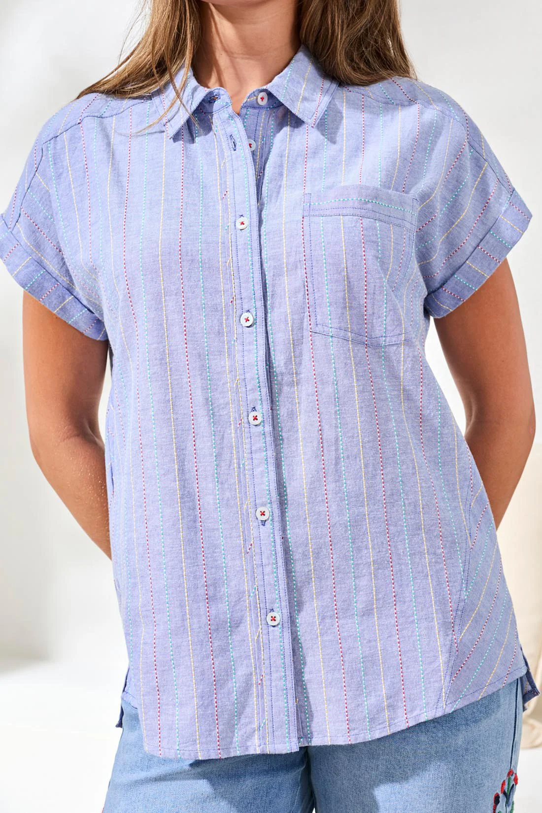 Cotton Cap Sleeve Button-Front Collard U-Hem Blouse-Multiblue